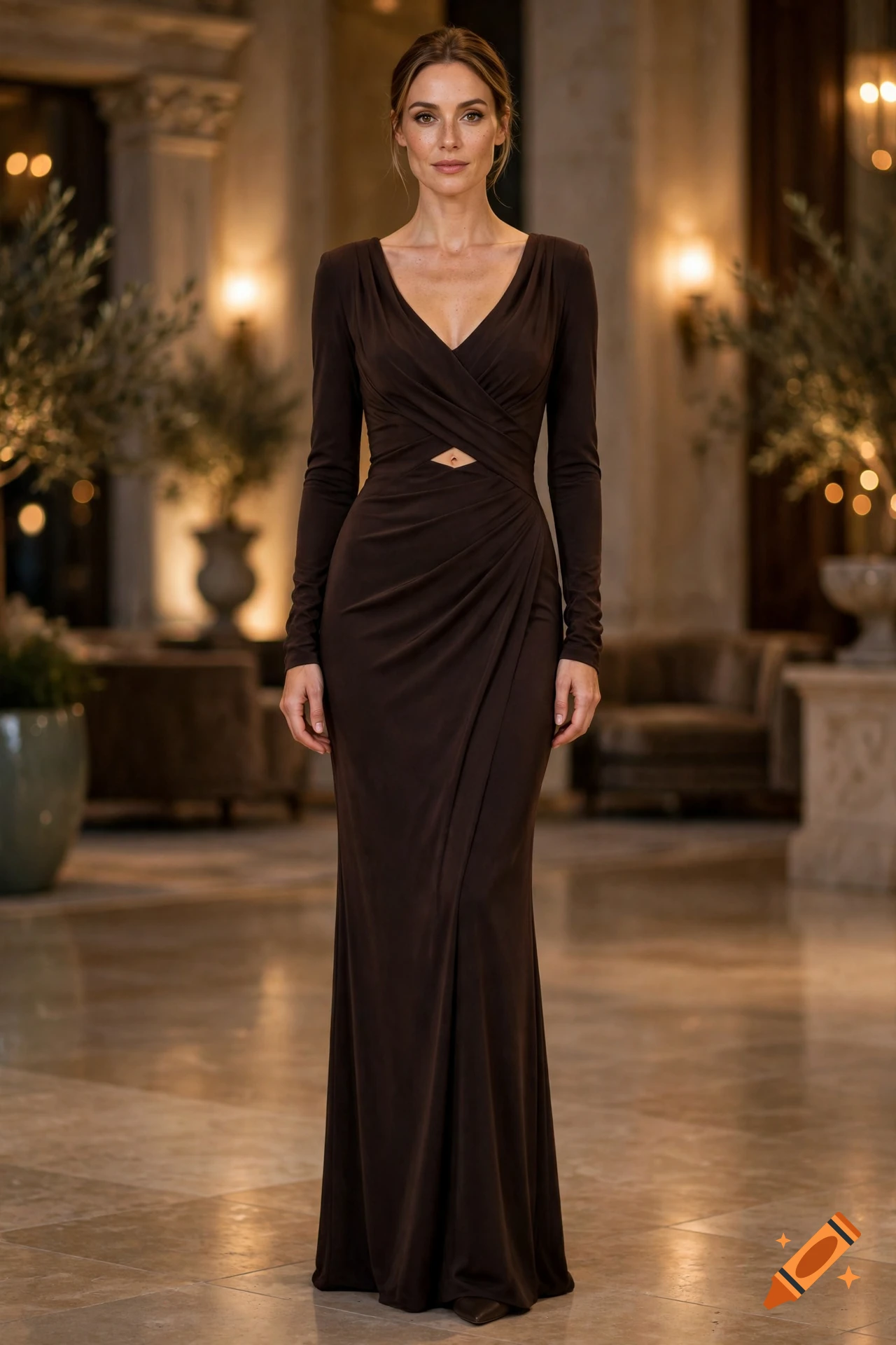 Photorealistic full-body portrait of a woman in a long, dark brown evening dress with long sleeves in a luxury hotel lobby.