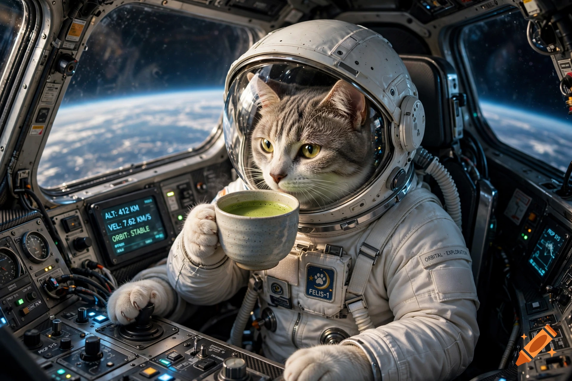 Photorealistic image of a cat in an astronaut suit drinking matcha tea while piloting a spacecraft.