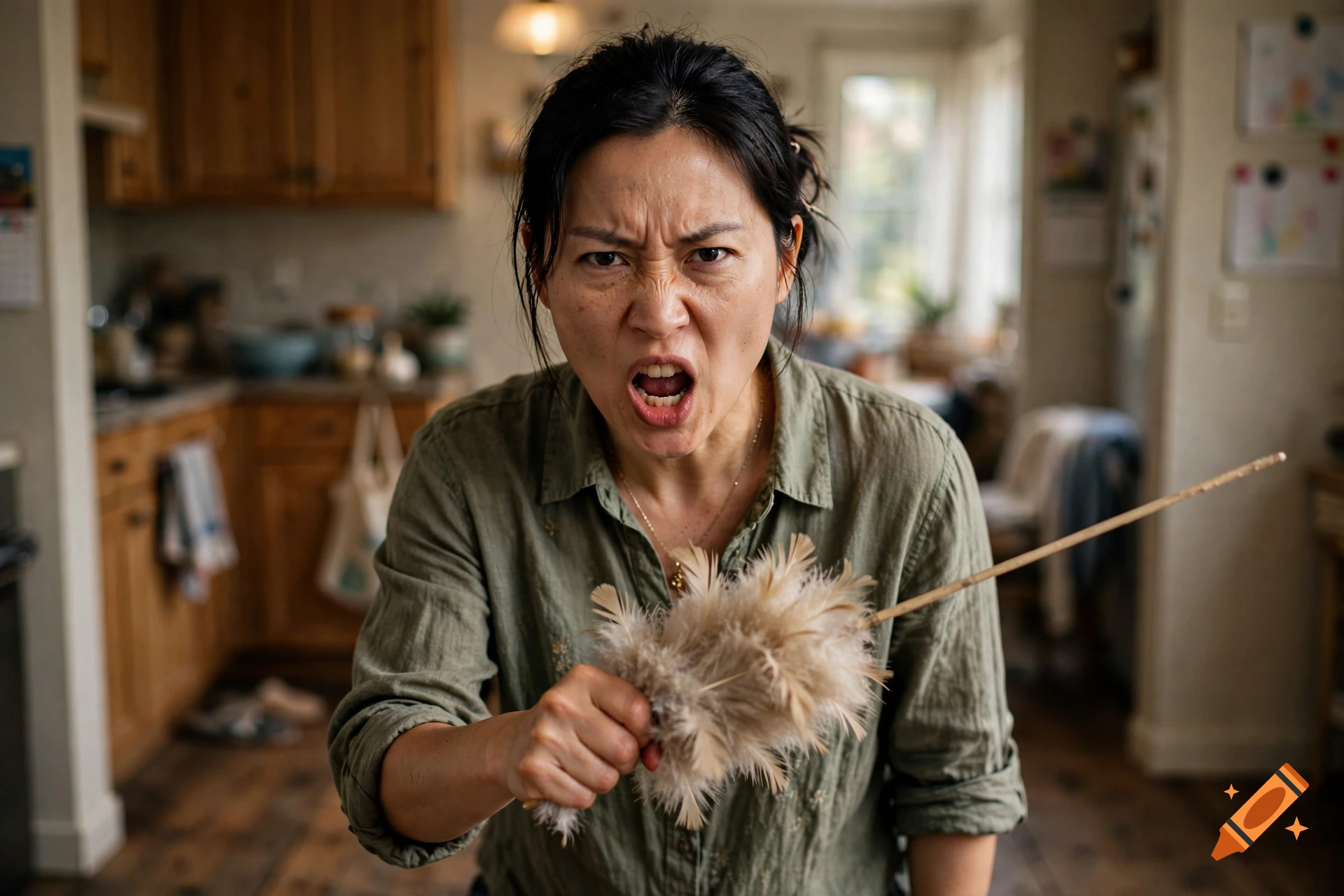 An angry Asian woman in a kitchen holds a feather duster like a weapon, photorealistic style.