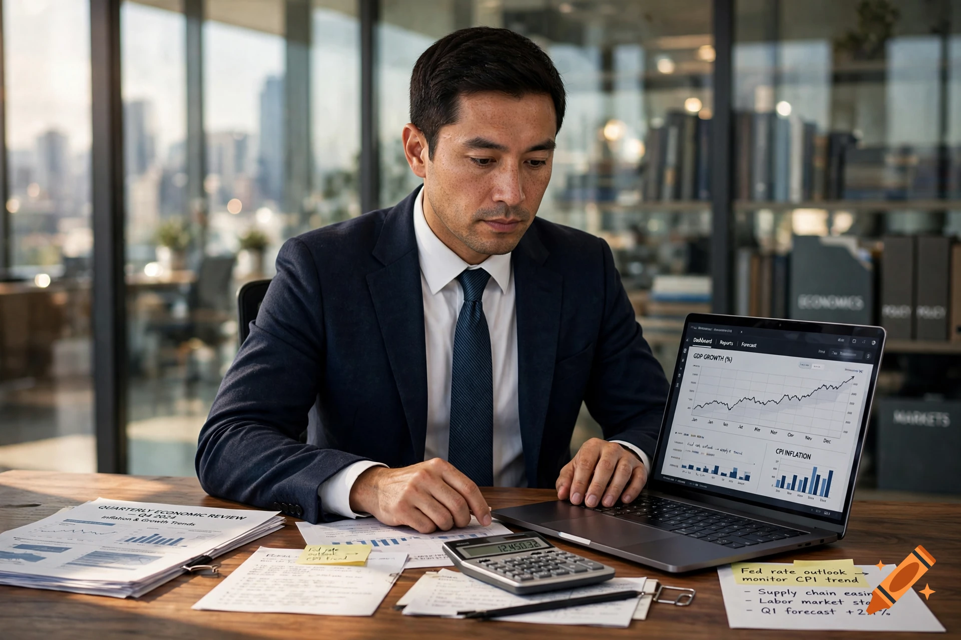 Photorealistic image of an economist working at a desk with a laptop showing financial charts and calculators.