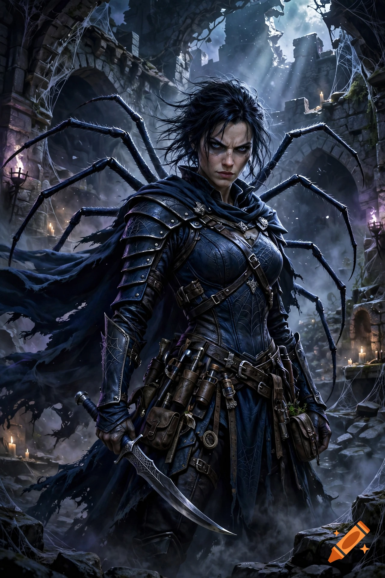 A dark fantasy female rogue with spider legs coming from her back, wearing leather indigo armor in a ruined stone setting, digital art.