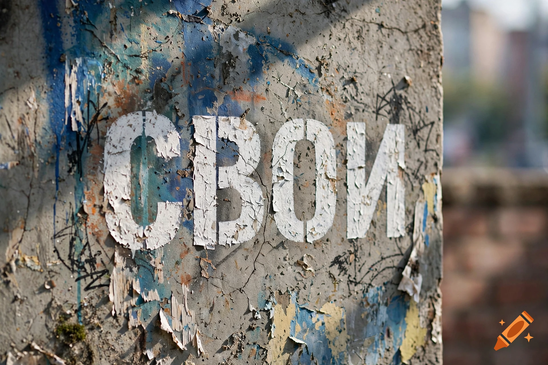 Close-up of white stenciled Russian text 'СВОИ' on a weathered, cracked concrete wall.
