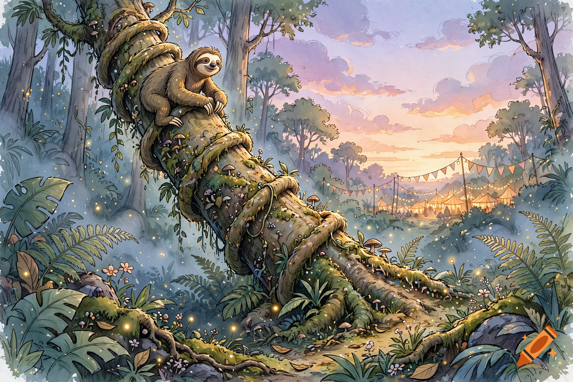 A cute sloth sitting on a winding tree in a whimsical forest during sunset, watercolor picture book style.
