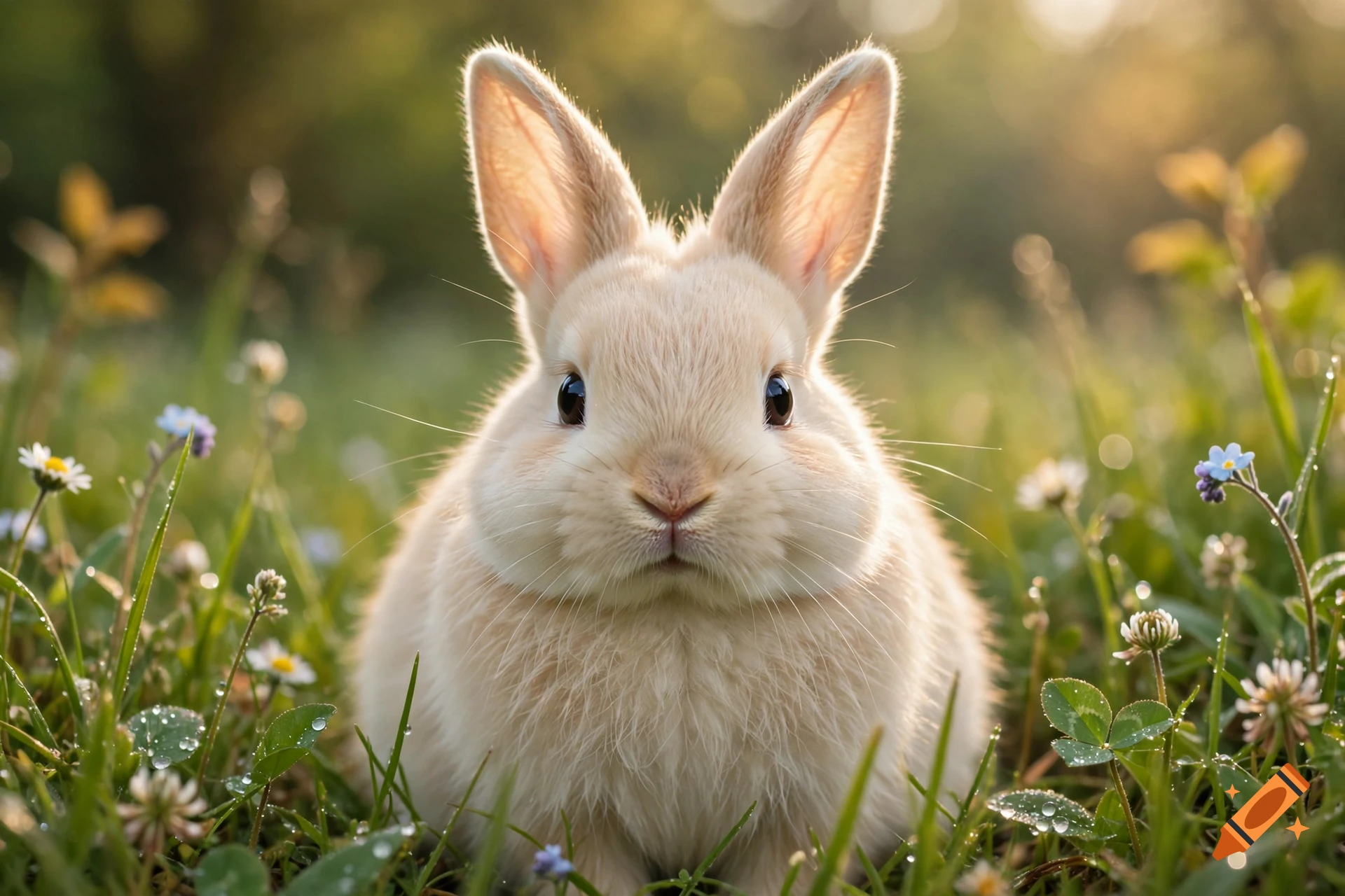 Photorealistic close-up of a cute, fluffy beige bunny sitting in a grassy field with wildflowers and dewdrops.