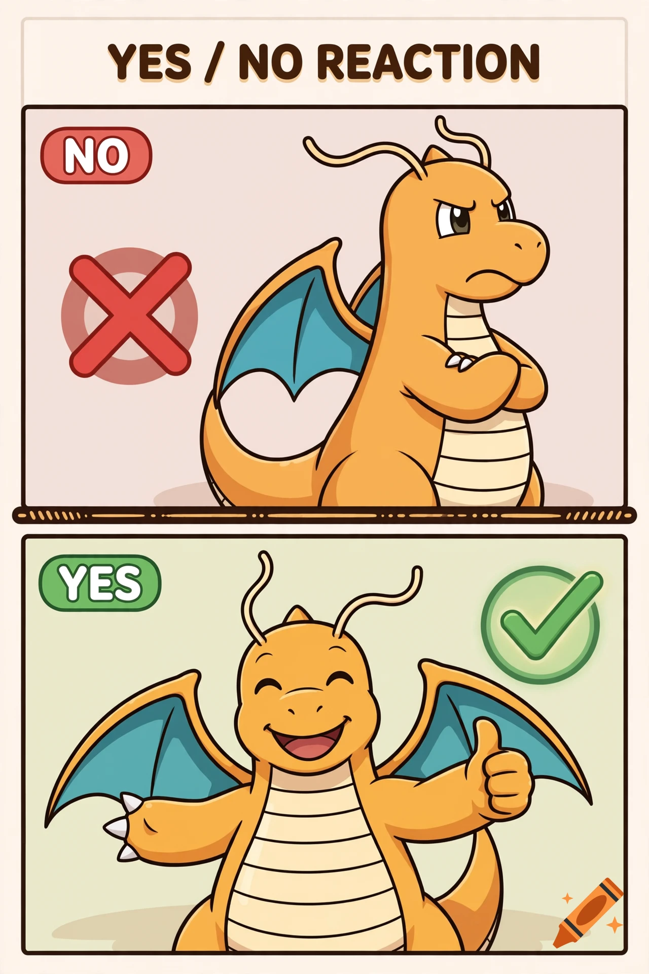 Digital illustration of a Drake meme format featuring the Pokemon Dragonite, with an angry Dragonite on top and a happy thumbs-up Dragonite on the bottom.