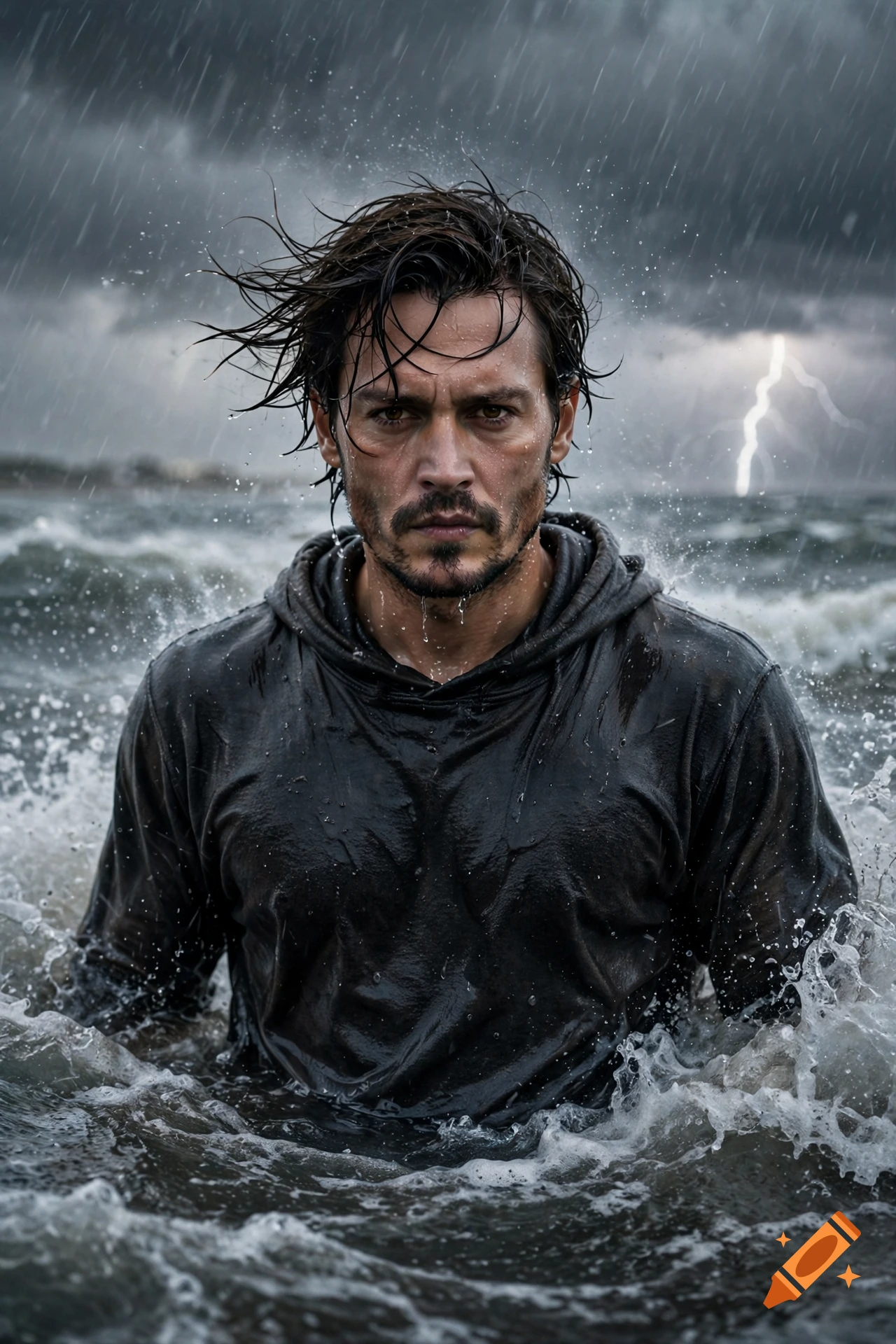 A man with wet hair stands in rough ocean water during a heavy rainstorm with lightning in the background.
