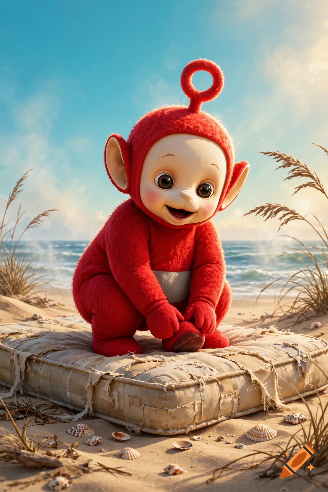 Photorealistic image of a red Teletubby squatting on a ragged mattress on a sandy beach.