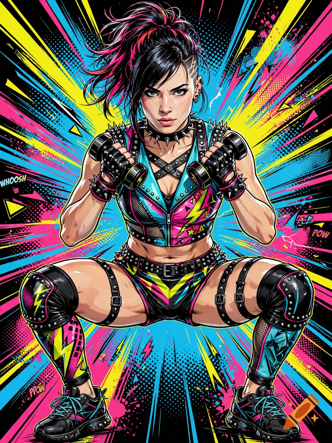 Pop art illustration of a punk fitness woman in a squat position holding dumbbells, vibrant pink, yellow, and blue background.