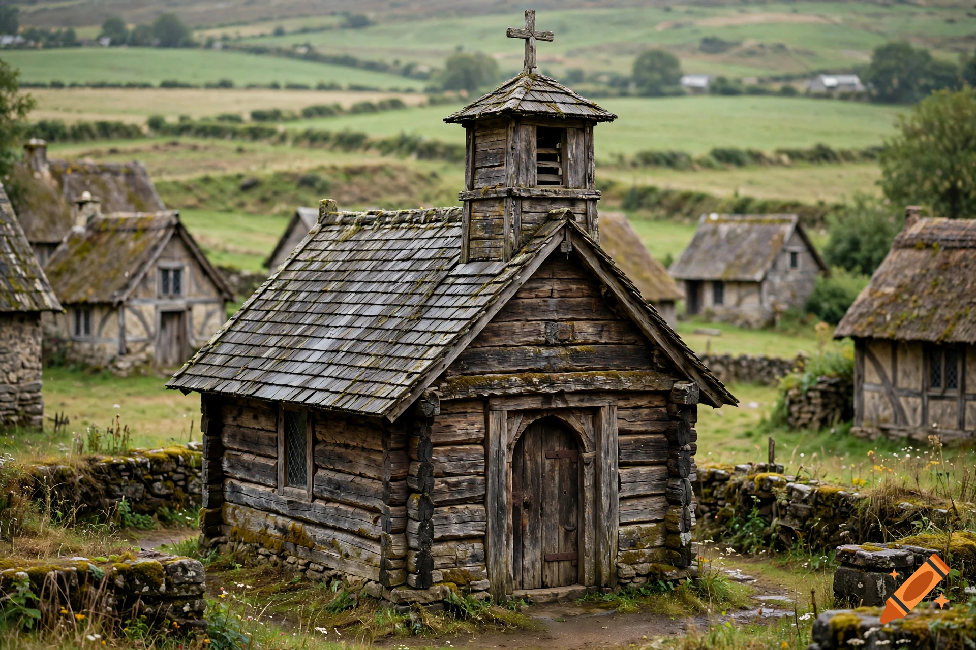 Photorealistic image of a small medieval wooden church with a cross on top, situated in a green rural village.