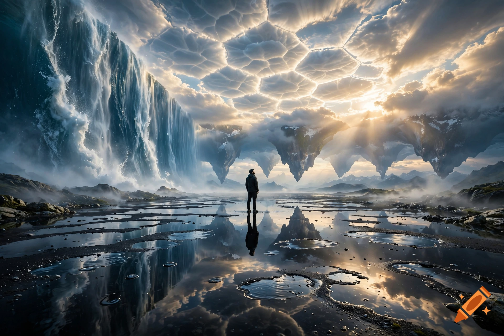 A lone person stands in a reflective pool facing a massive vertical ocean wall and floating island mountains under a cloudy sky.