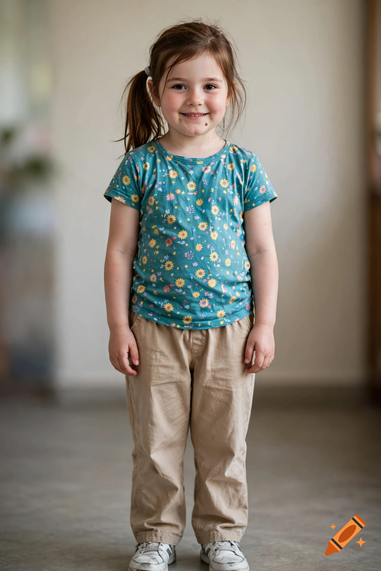 Photorealistic full-body portrait of a young girl standing with a ponytail and a floral t-shirt.