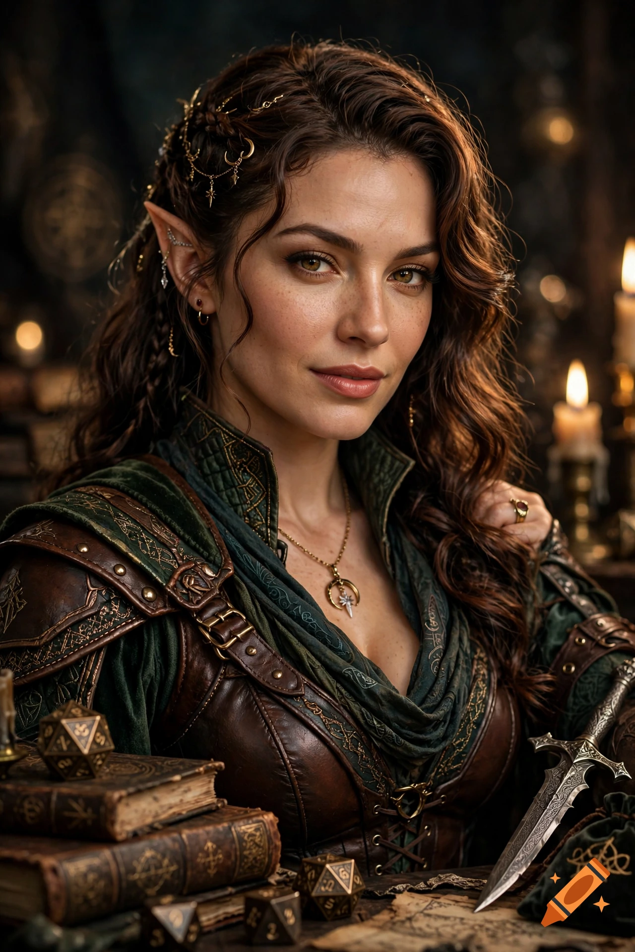 Close-up portrait of a fantasy elf woman with long brown curly hair, pointed ears, wearing leather armor and jewelry, with books and a dagger on a table.