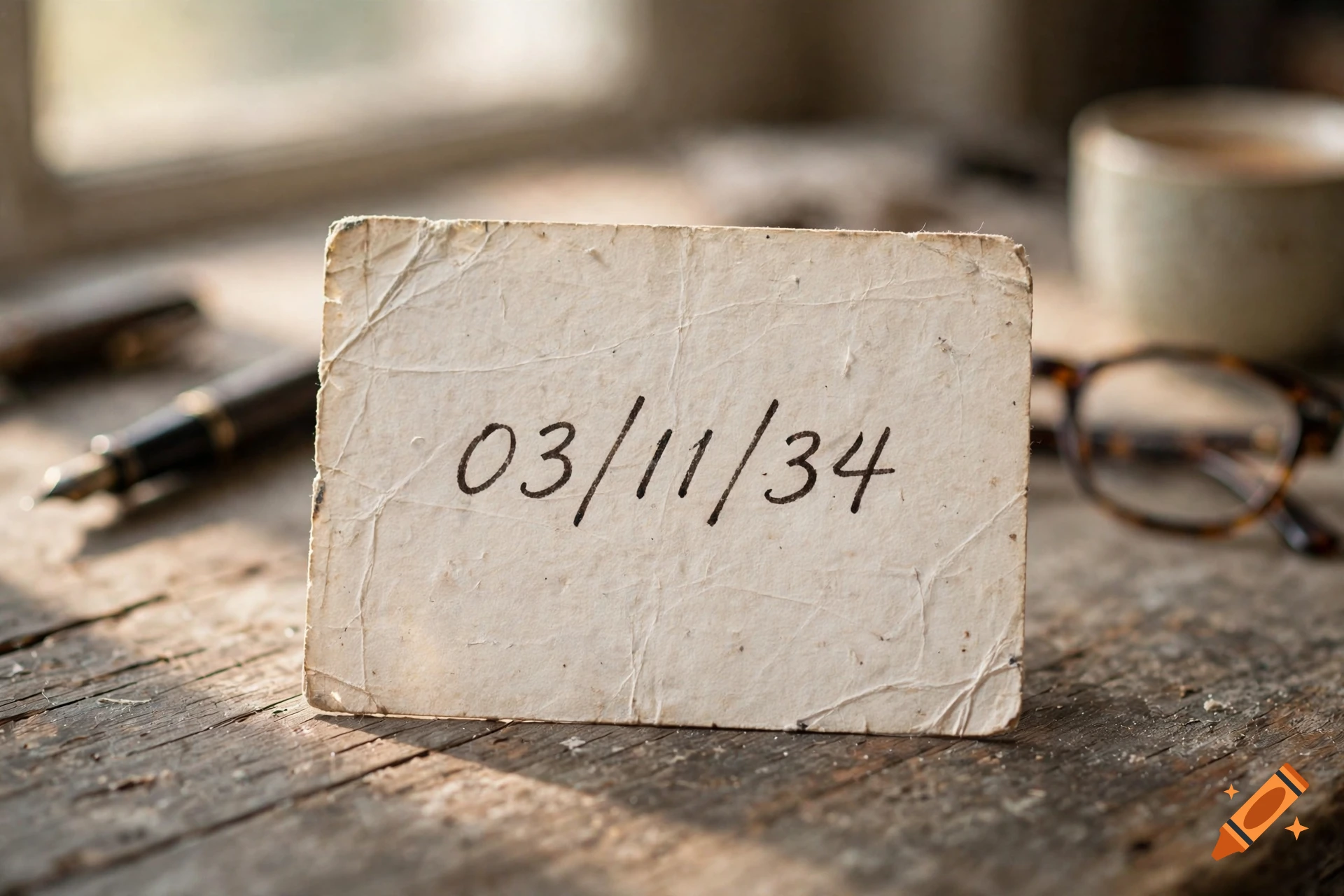 Close-up photorealistic shot of an old, weathered paper note with the handwritten text '03/11/34' resting on a rustic wooden table.