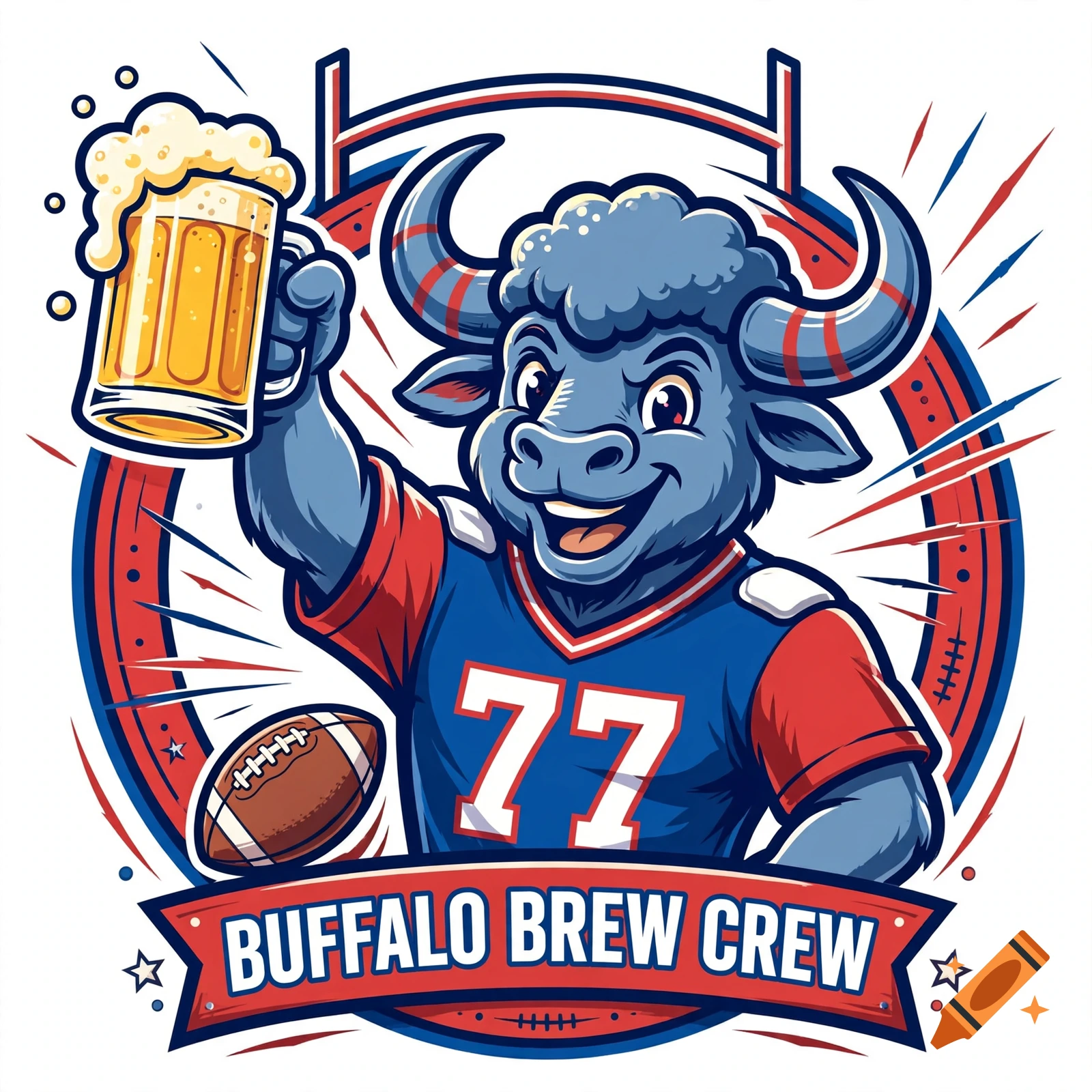 Vector illustration logo of a blue buffalo mascot in a football jersey holding a mug of beer, with text reading BUFFALO BREW CREW.