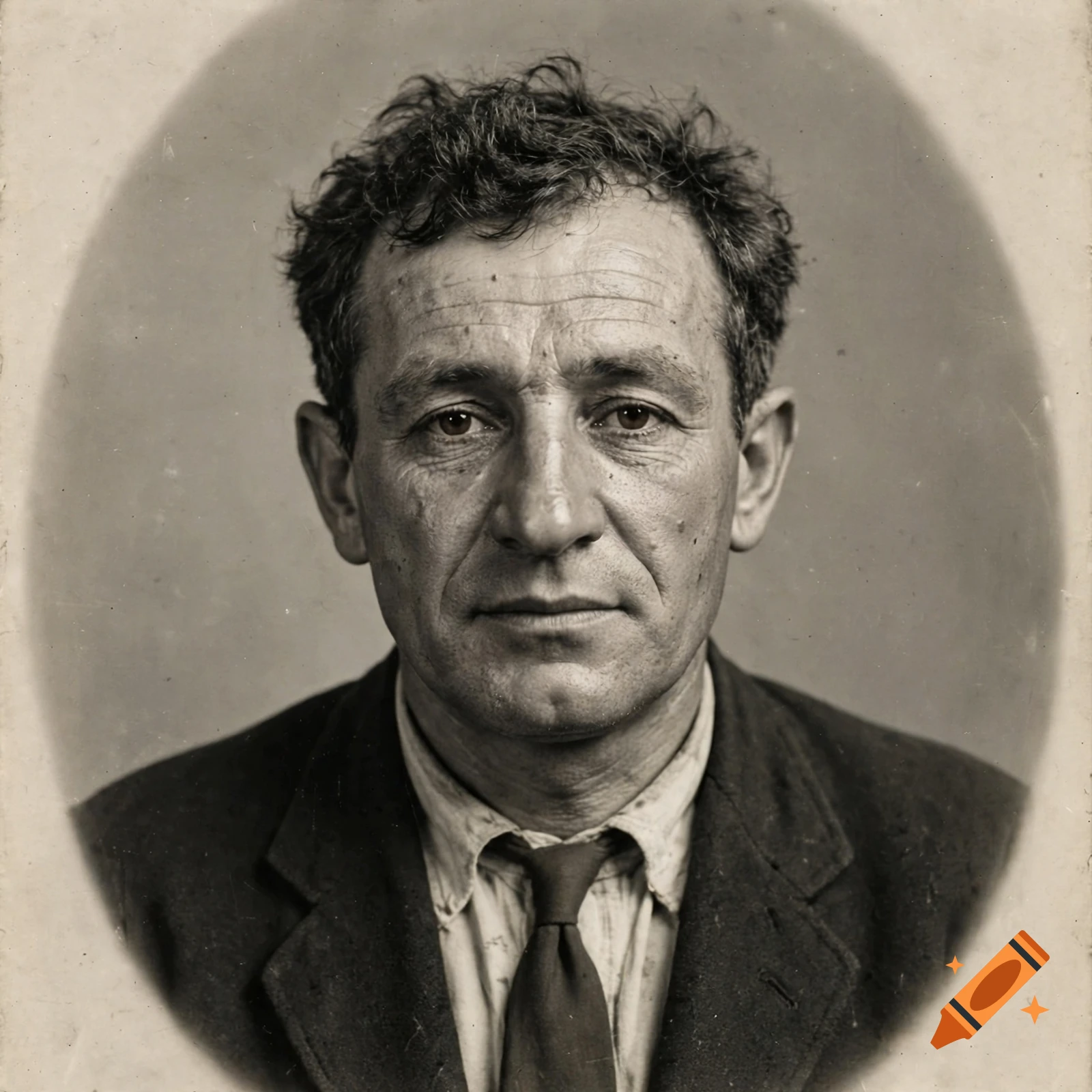 Monochrome vintage 1950s oval portrait of an ordinary middle-aged Italian man with dark hair in a suit and tie.