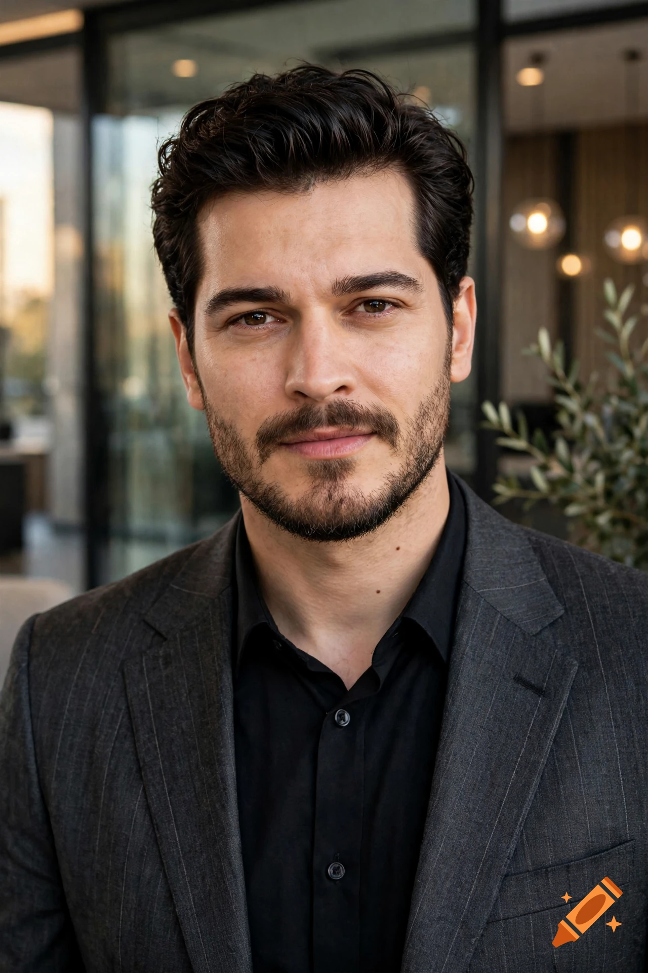 A close-up portrait of a man with dark hair, a beard, and wearing a grey suit jacket and dark shirt.