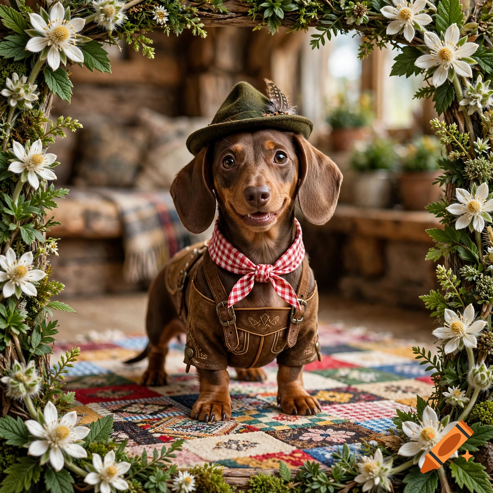 Photorealistic dachshund wearing a Tyrolean hat and traditional lederhosen, framed by edelweiss flowers on a patterned rug.