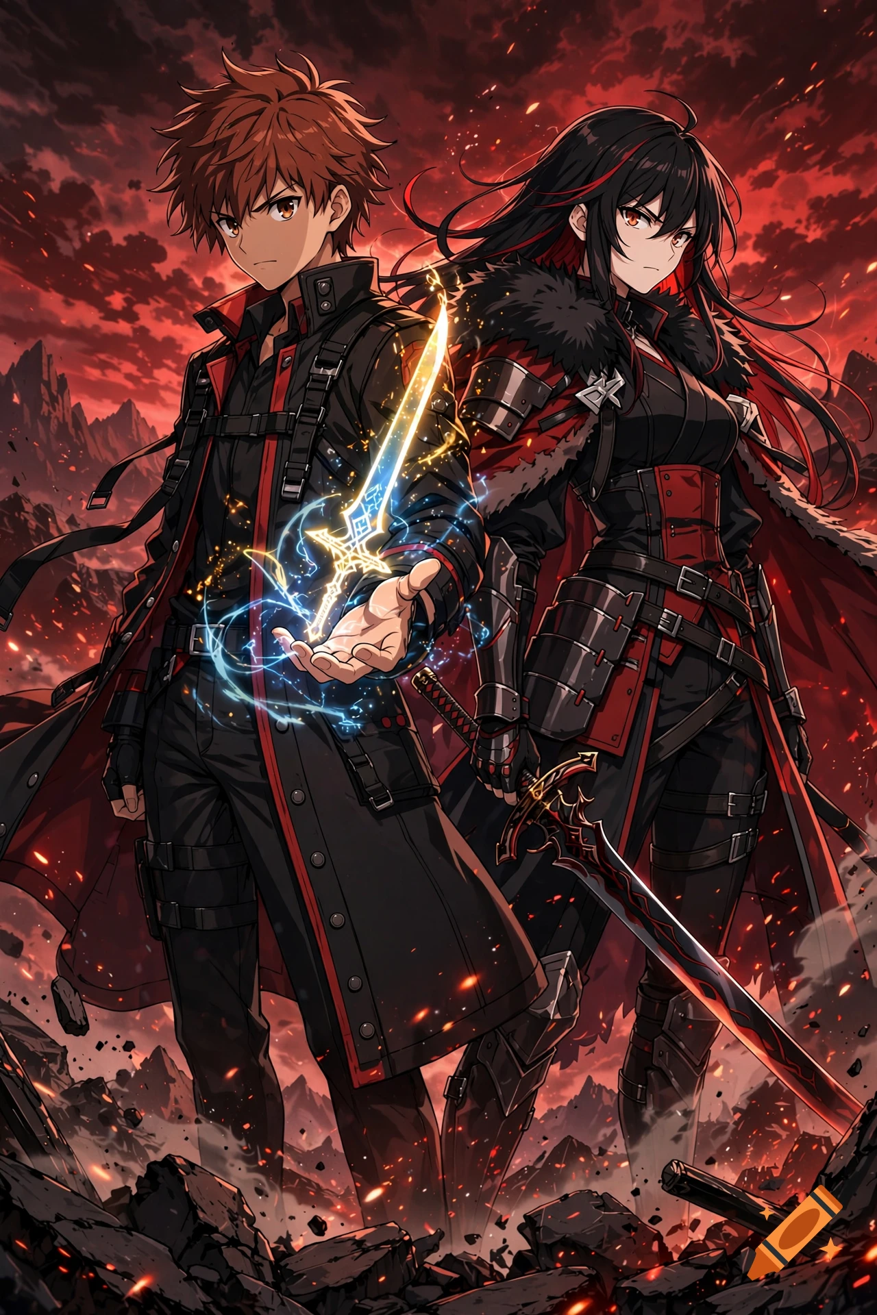 An anime-style illustration of a male and female warrior in dark, red-trimmed outfits standing amid a ruined battlefield with a glowing sword.
