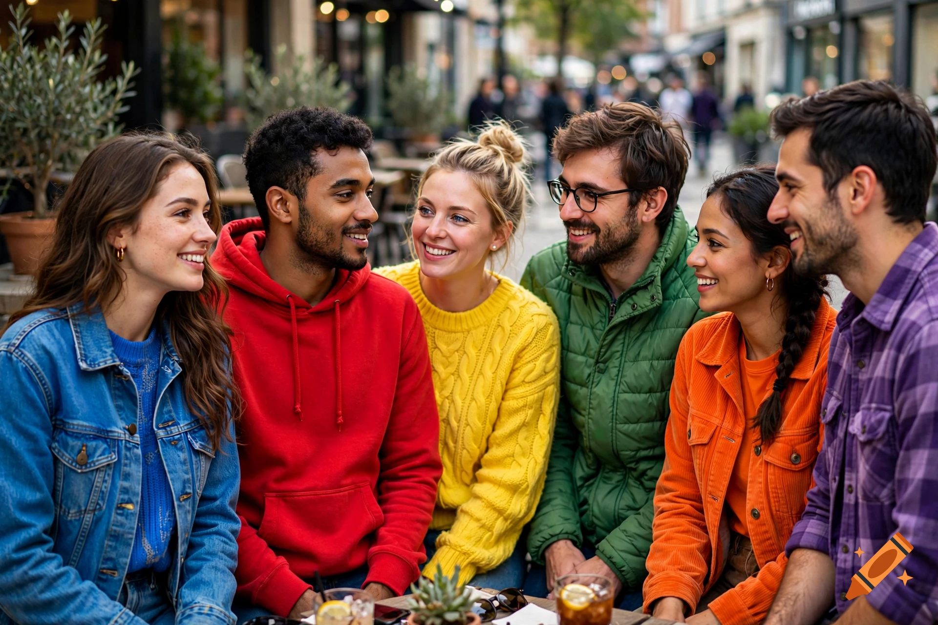 Group of six diverse friends smiling and laughing together at an outdoor cafe.