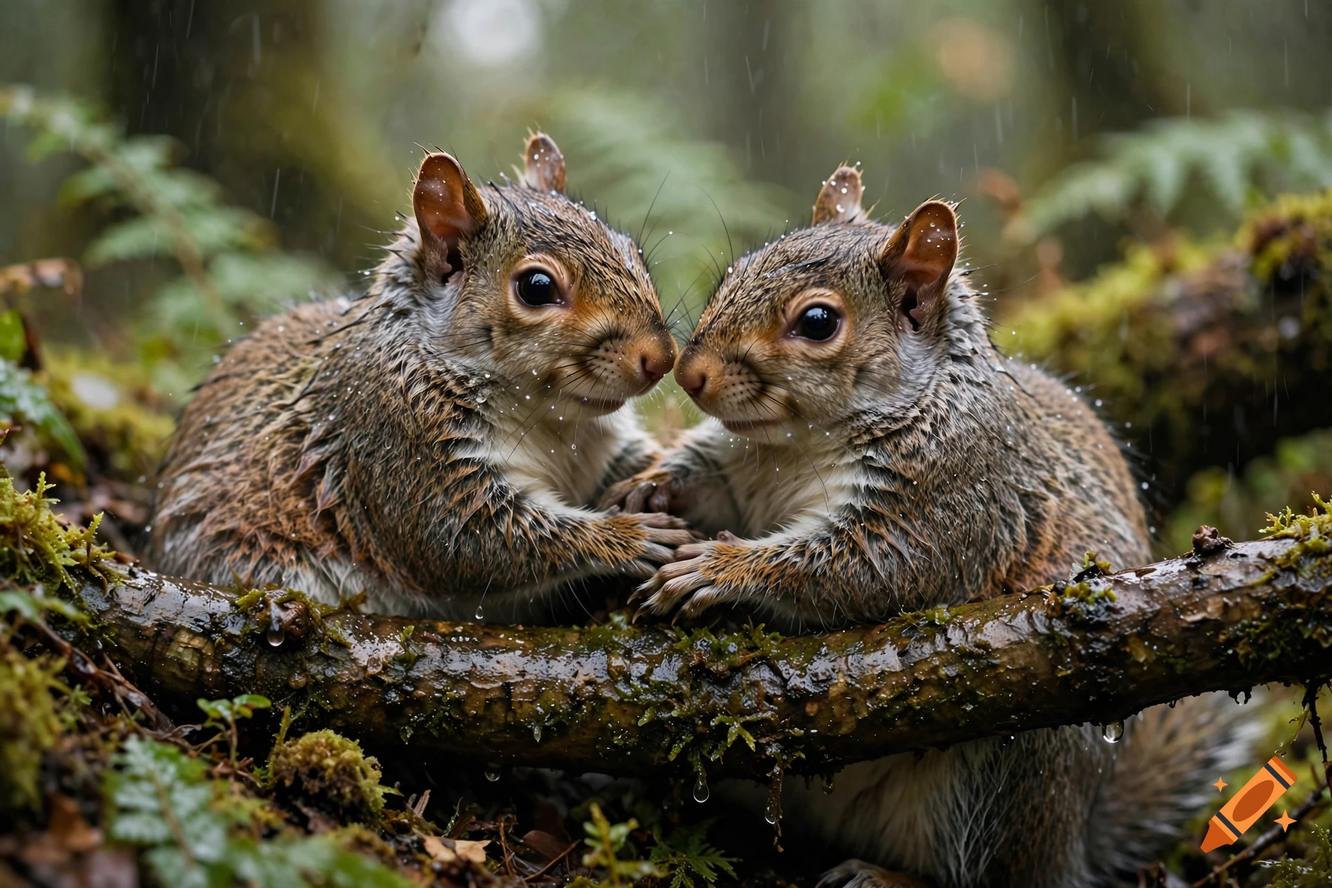 Two wet squirrels holding paws together on a mossy branch in a rainy forest, photorealistic.