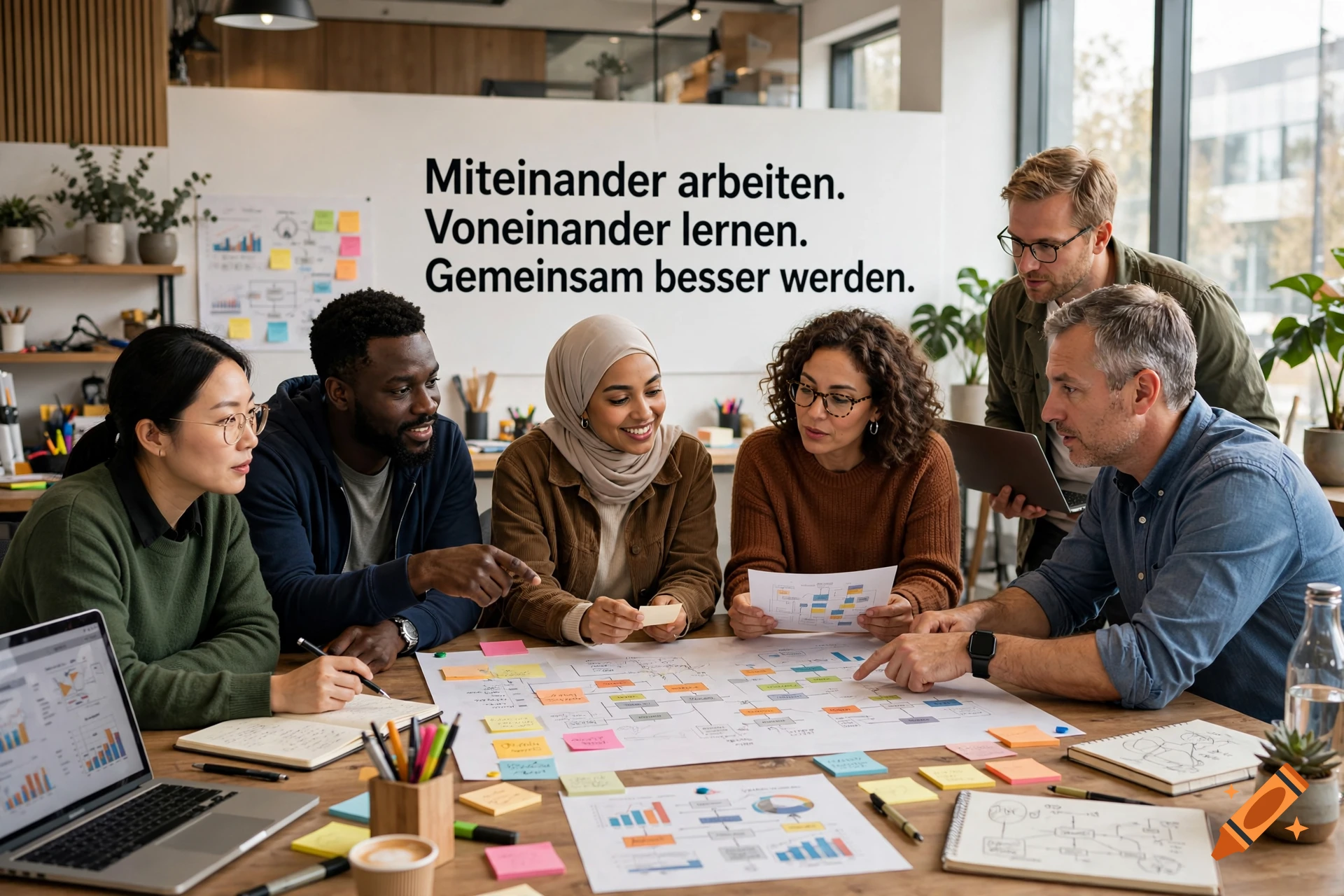 A diverse team of professionals collaborating around a conference table in a modern office, looking at diagrams and sticky notes.
