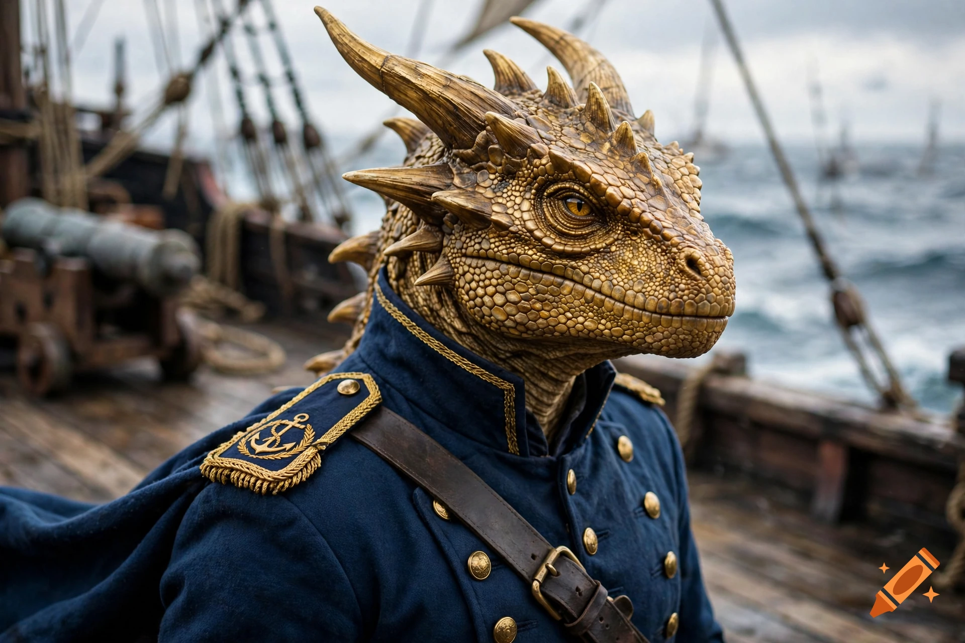 Close-up of a golden dragonborn male in a blue admiral uniform on a pirate ship, photorealistic style.