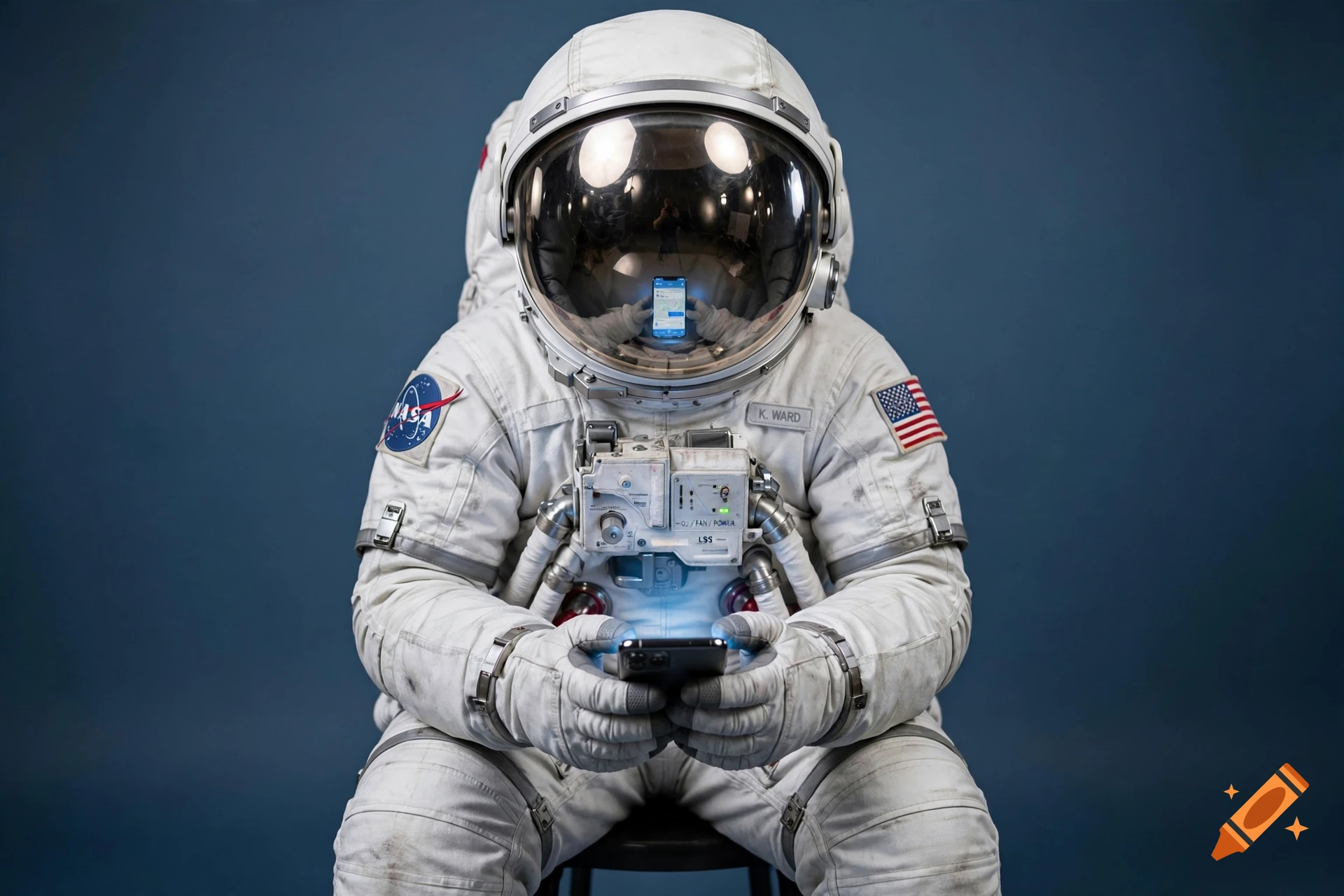 Photorealistic astronaut in a white spacesuit sitting and using a smartphone against a dark blue background.