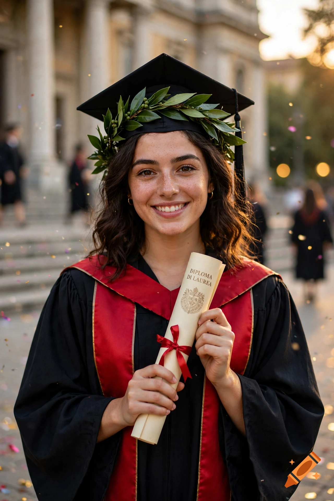 A smiling young woman in a graduation cap with a laurel wreath and a red-and-black gown holds a rolled diploma tied with a red ribbon outdoors.