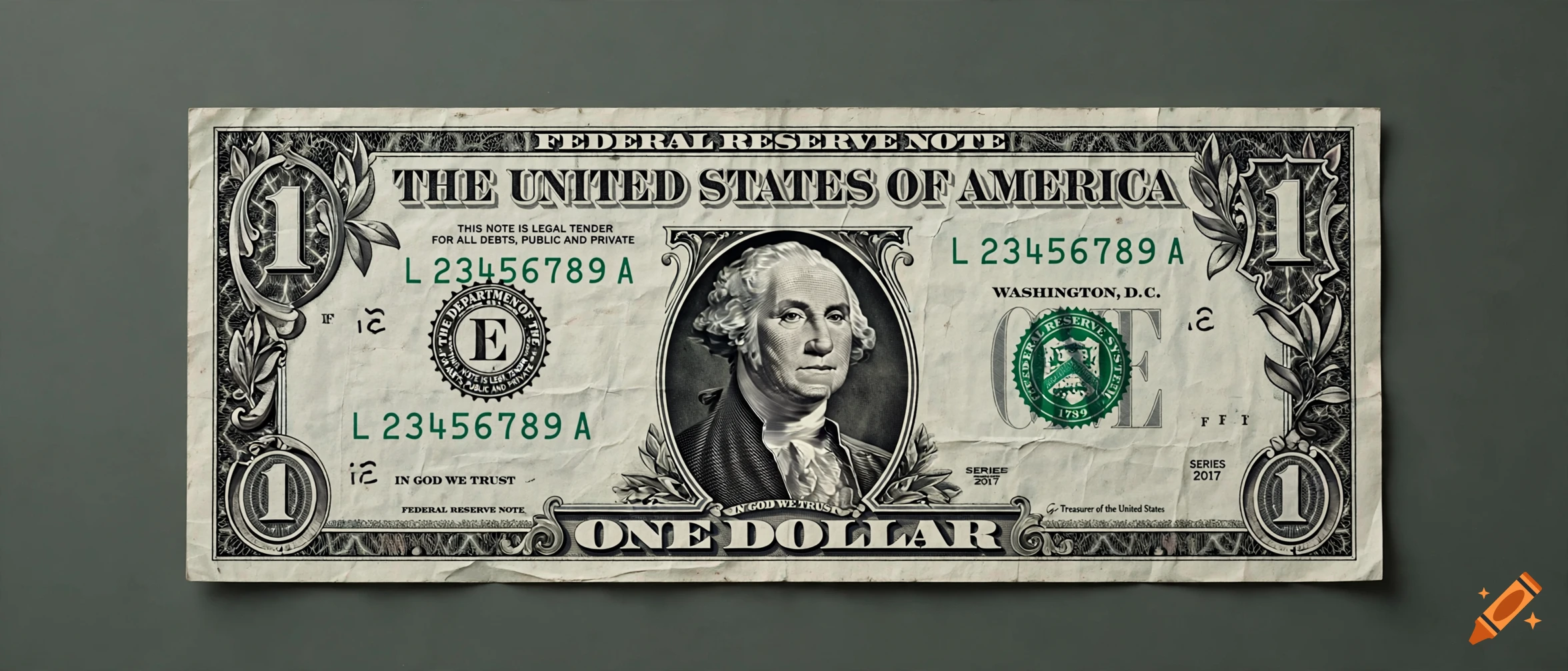 A wrinkled one-dollar bill featuring George Washington's portrait, laid on a dark surface.