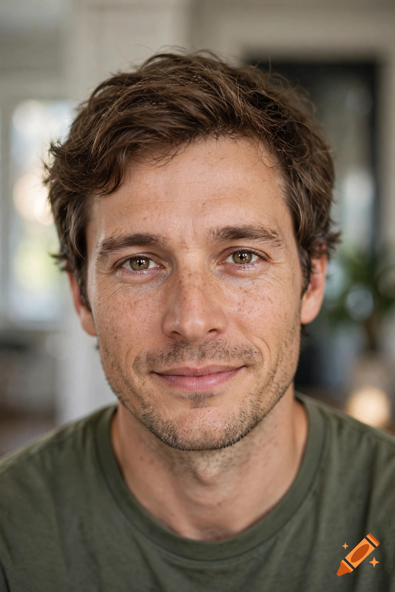 Close-up photorealistic portrait of a smiling man with brown hair and light stubble.