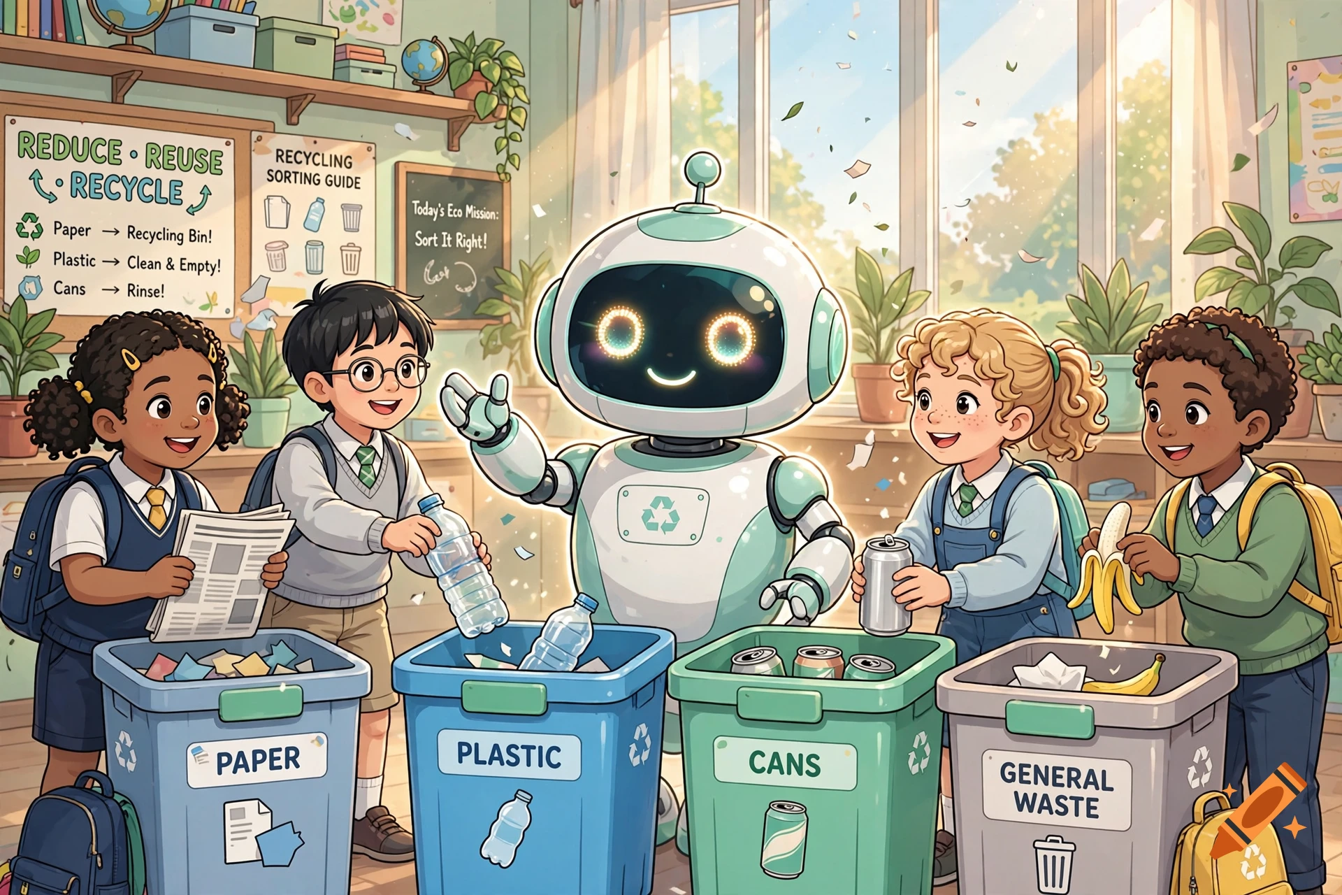 Animated illustration of children and a friendly robot sorting recycling into labeled bins in a classroom.