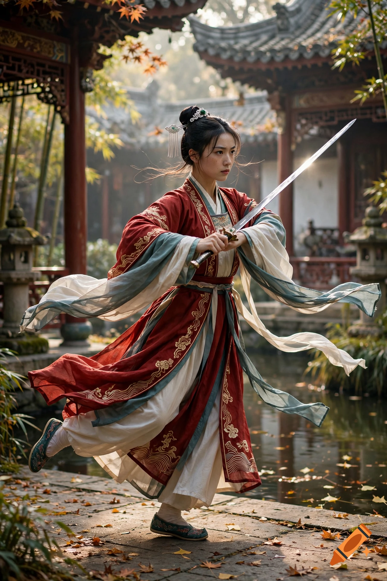 A young woman in traditional red and white Chinese attire holding a sword in a courtyard with a pond and traditional architecture.