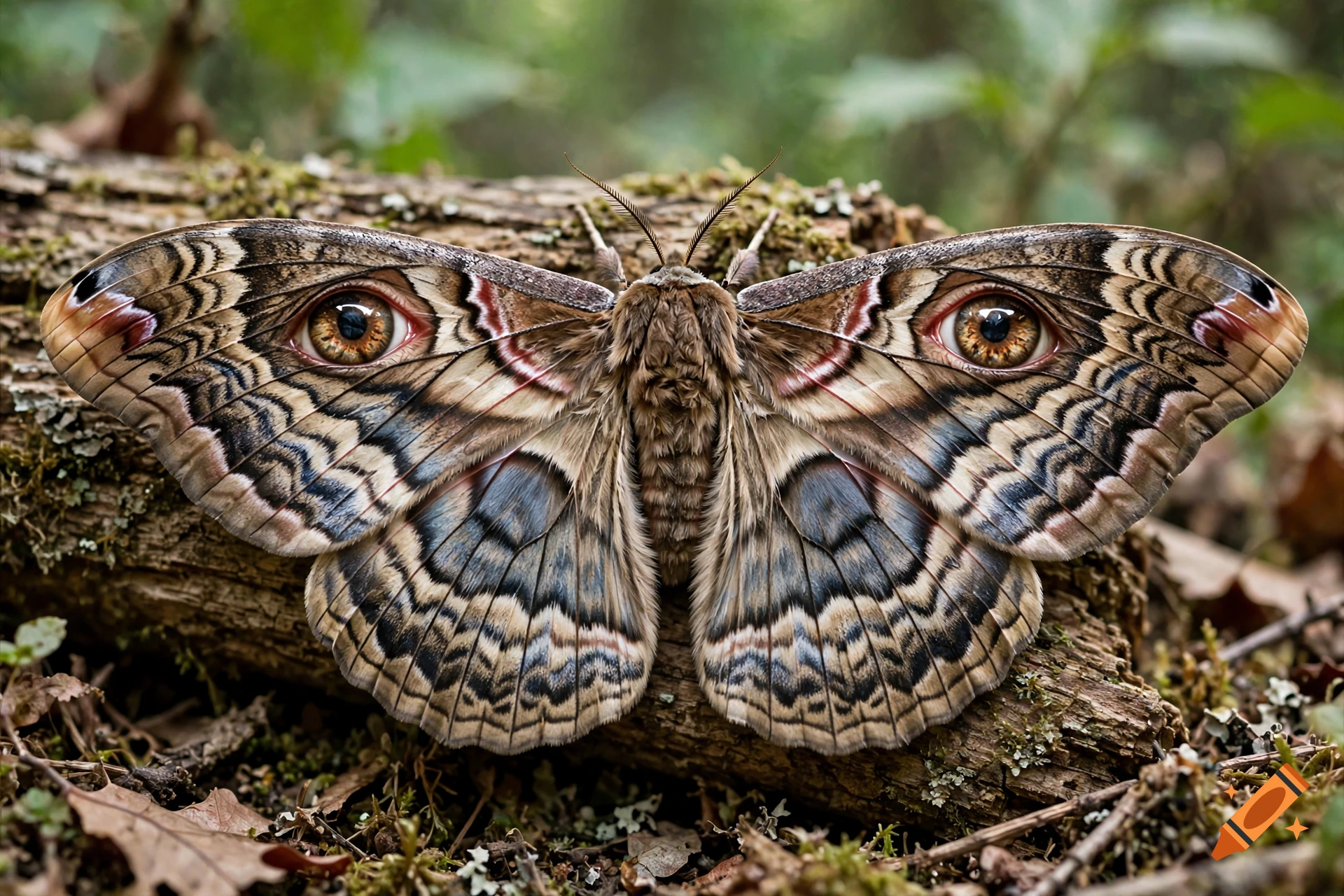 Close-up photorealistic shot of a large moth resting on a mossy log, featuring wings patterned with human eyes.
