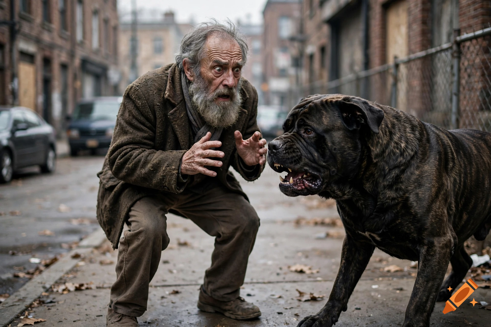 An elderly, bearded man crouches in fear as a large, angry mastiff dog snarls at him in a gritty urban alleyway, photorealistic.