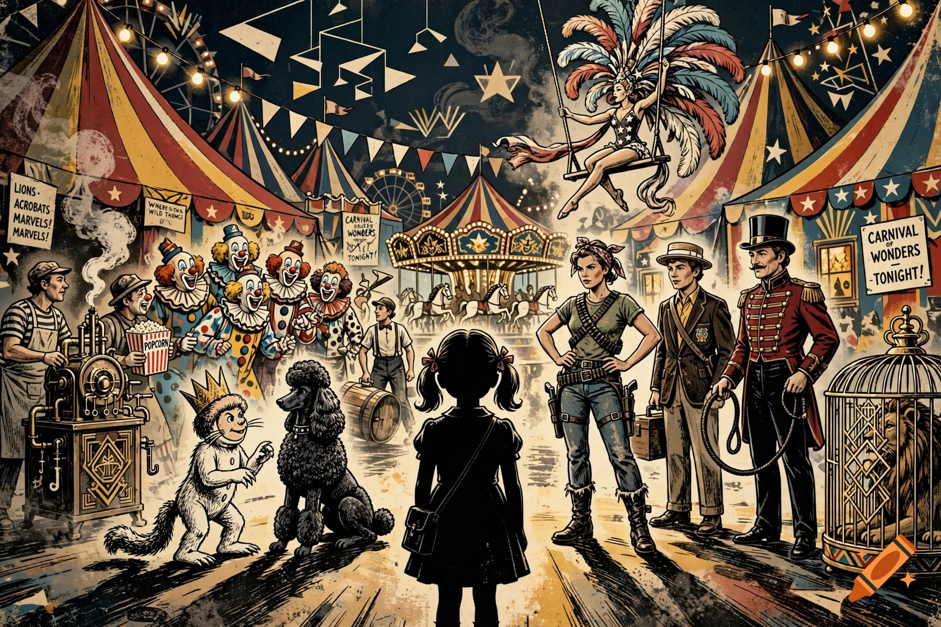 Vintage comic book style illustration of a carnival with clowns, animal tamers, and an aerialist under a starry night sky.