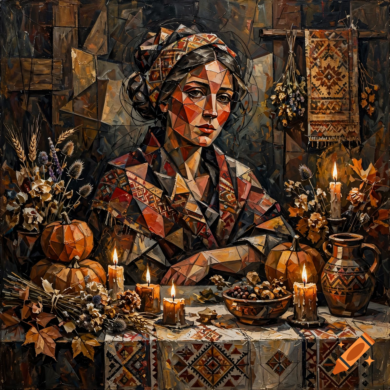Cubist painting of a bohemian woman at a candlelit harvest table with pumpkins and dried flowers.