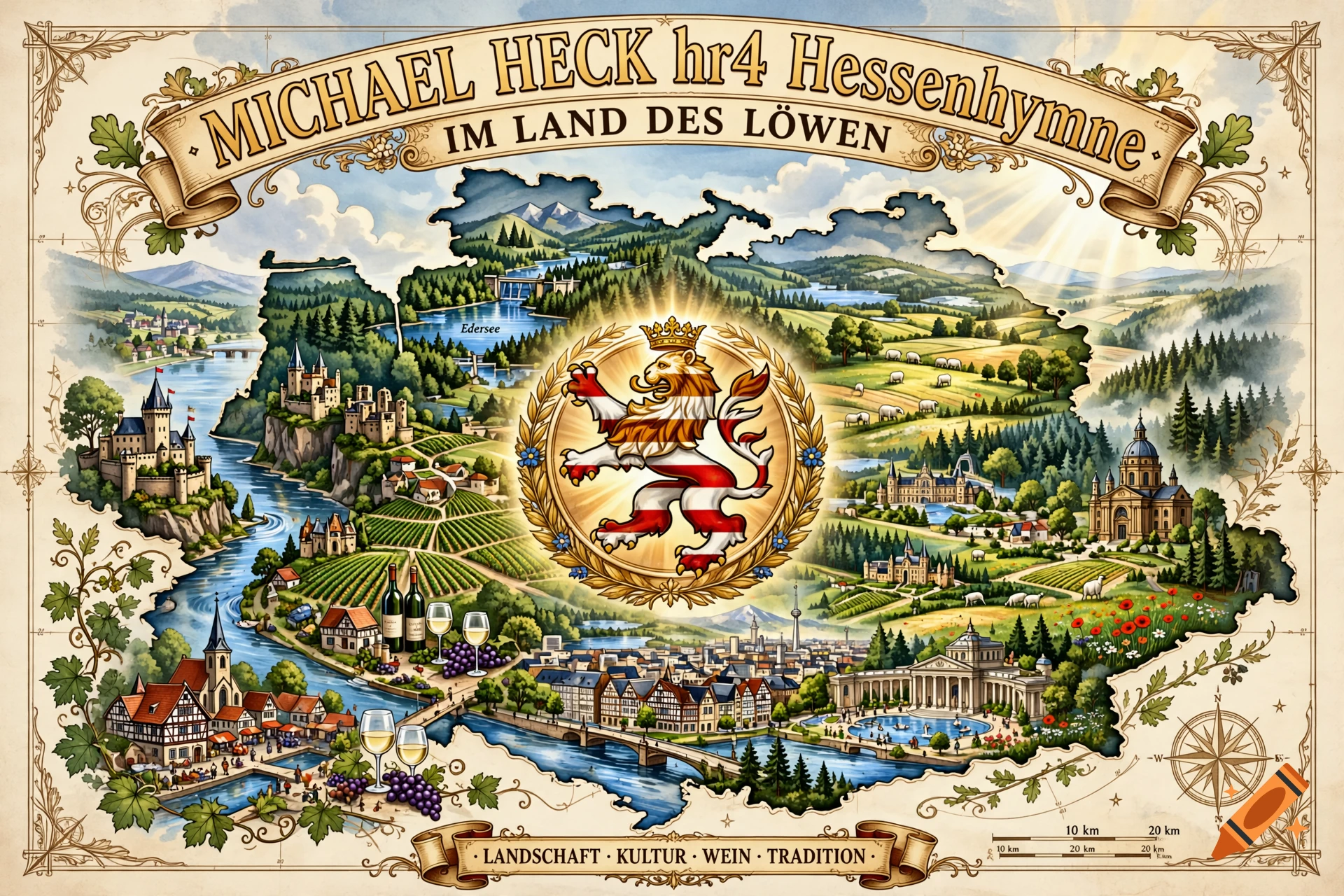 An illustrated map of Hesse, Germany, featuring castles, landscapes, wine bottles, and the state's lion crest under a decorative banner.