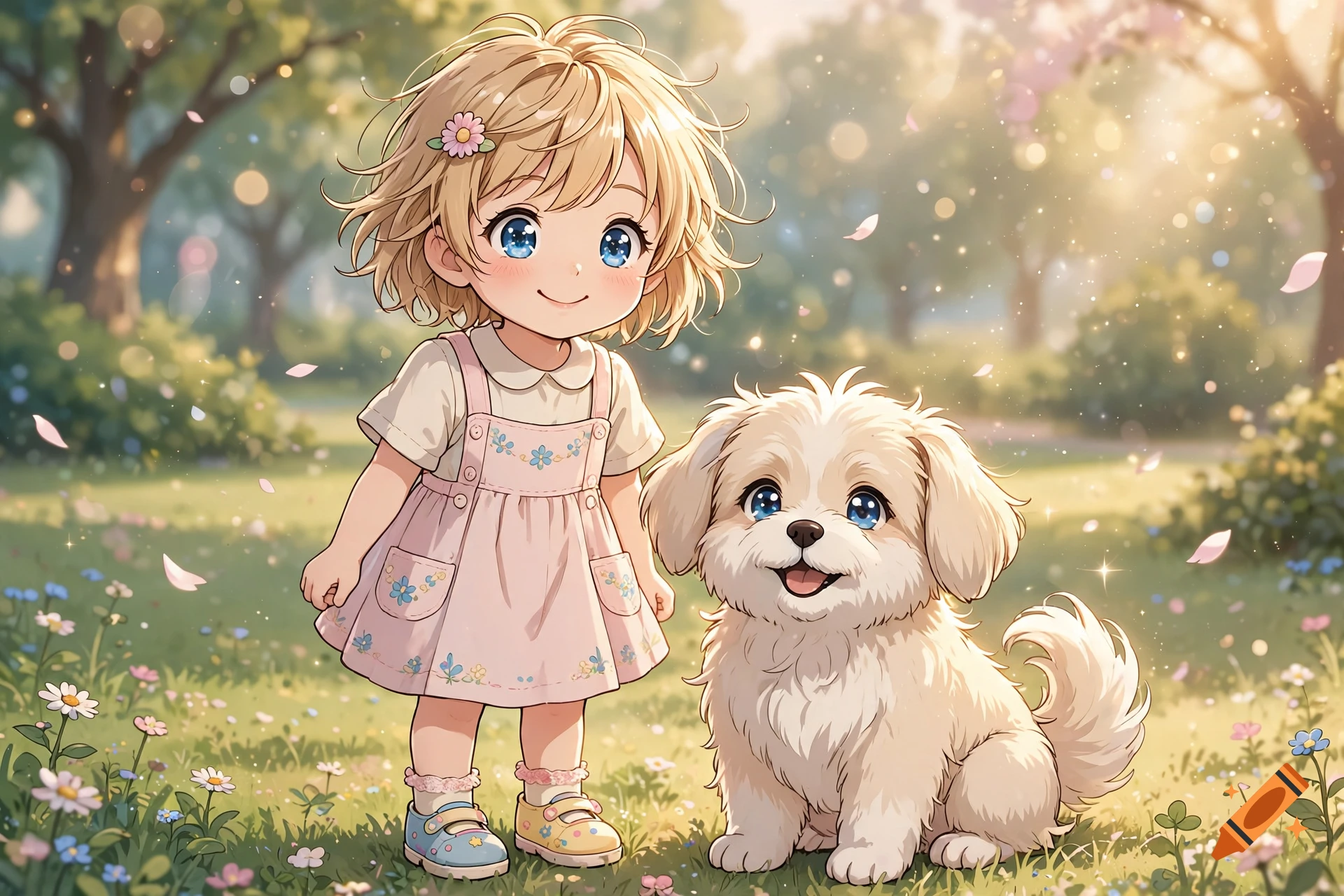 Anime style illustration of a little blonde girl in a pink dress standing next to a fluffy white puppy in a sunny park.