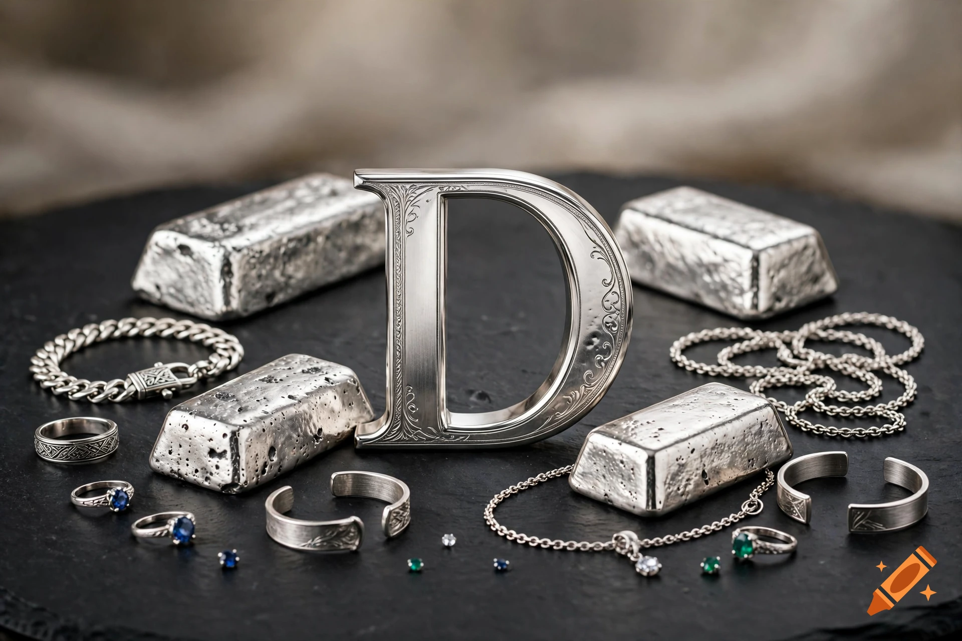 Photorealistic still life featuring an ornate silver letter D surrounded by silver bullion bars, rings, and chains on a dark slate surface.