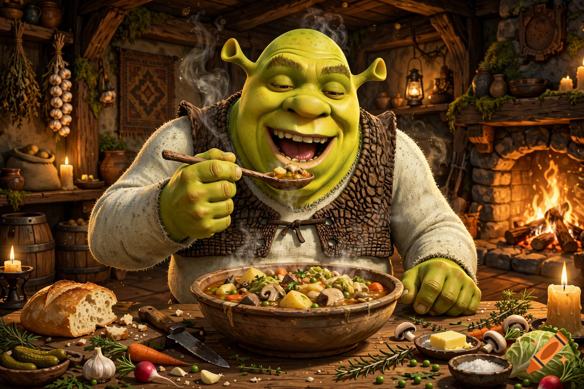 Shrek sitting at a rustic wooden table in a tavern, enthusiastically eating a large bowl of vegetable soup with a wooden spoon.