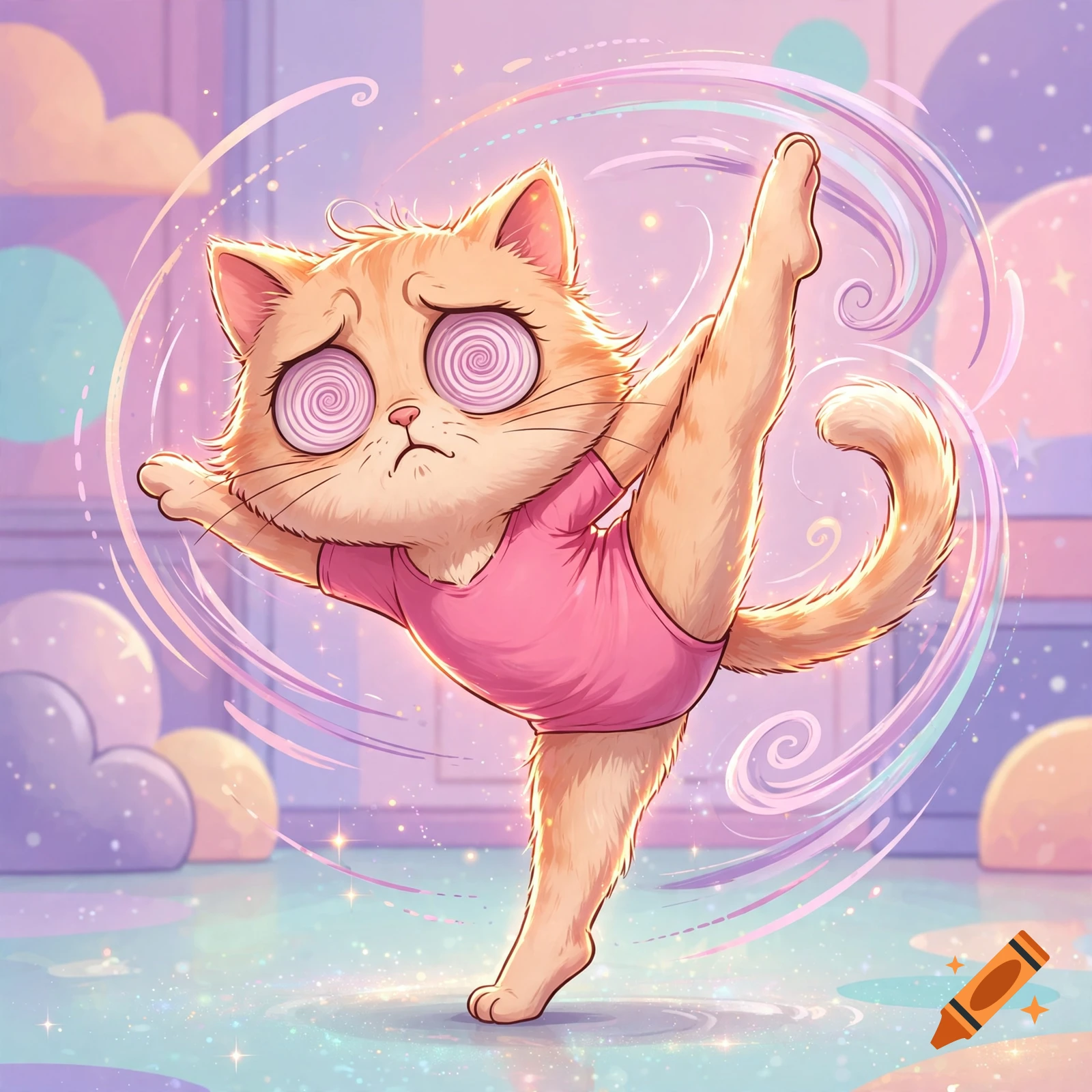 An anthropomorphic orange cat wearing a pink leotard performs a yoga stretch with dizzy spiral eyes.