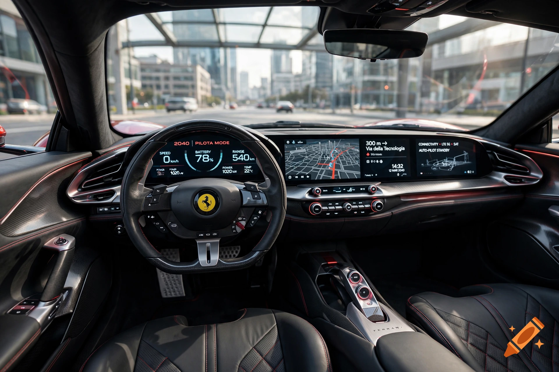 Photorealistic interior view of a futuristic Ferrari concept car dashboard with digital screens displaying driving metrics and navigation.