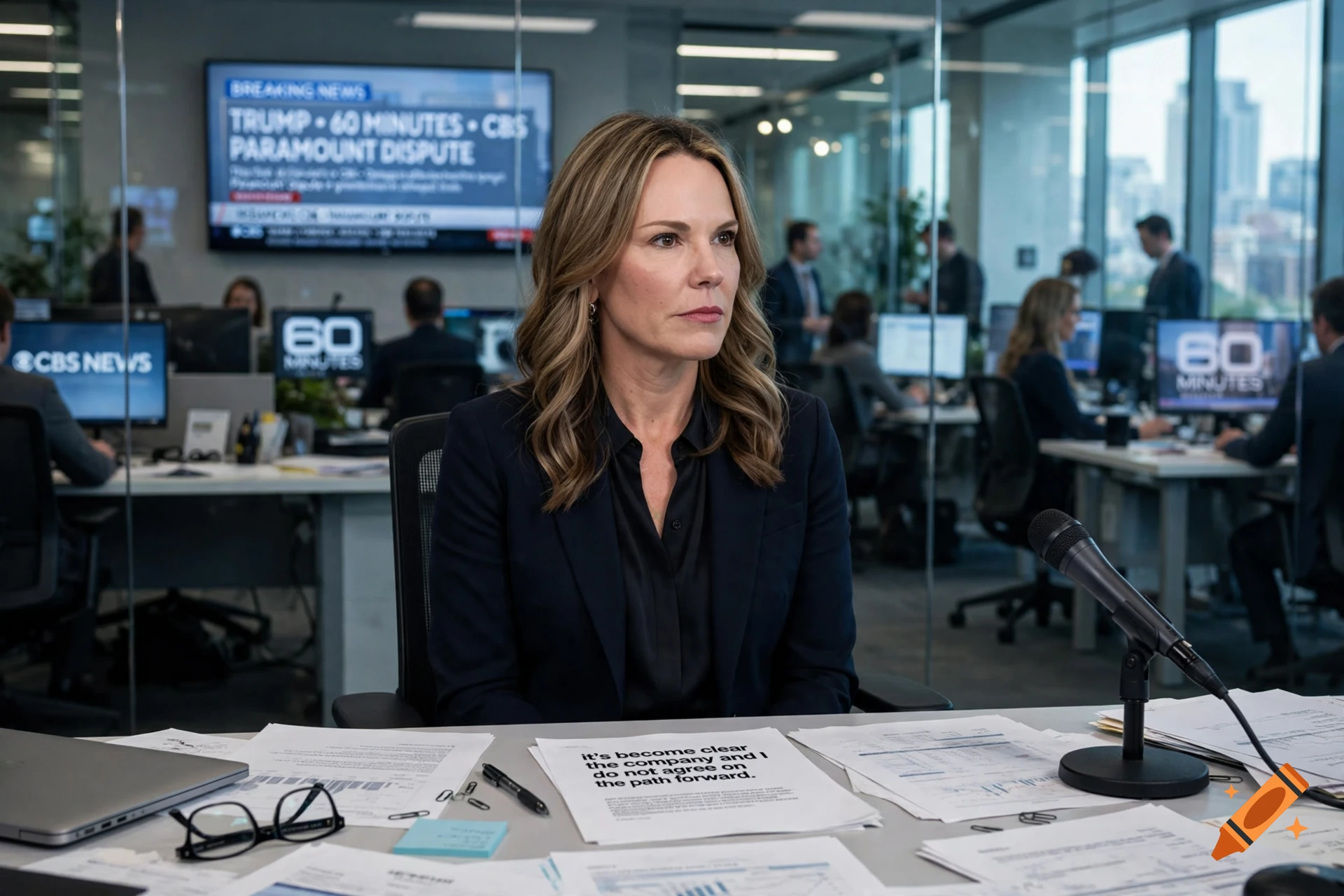 Photorealistic medium shot of a woman in a navy blazer sitting at a news desk with papers, in a modern newsroom.