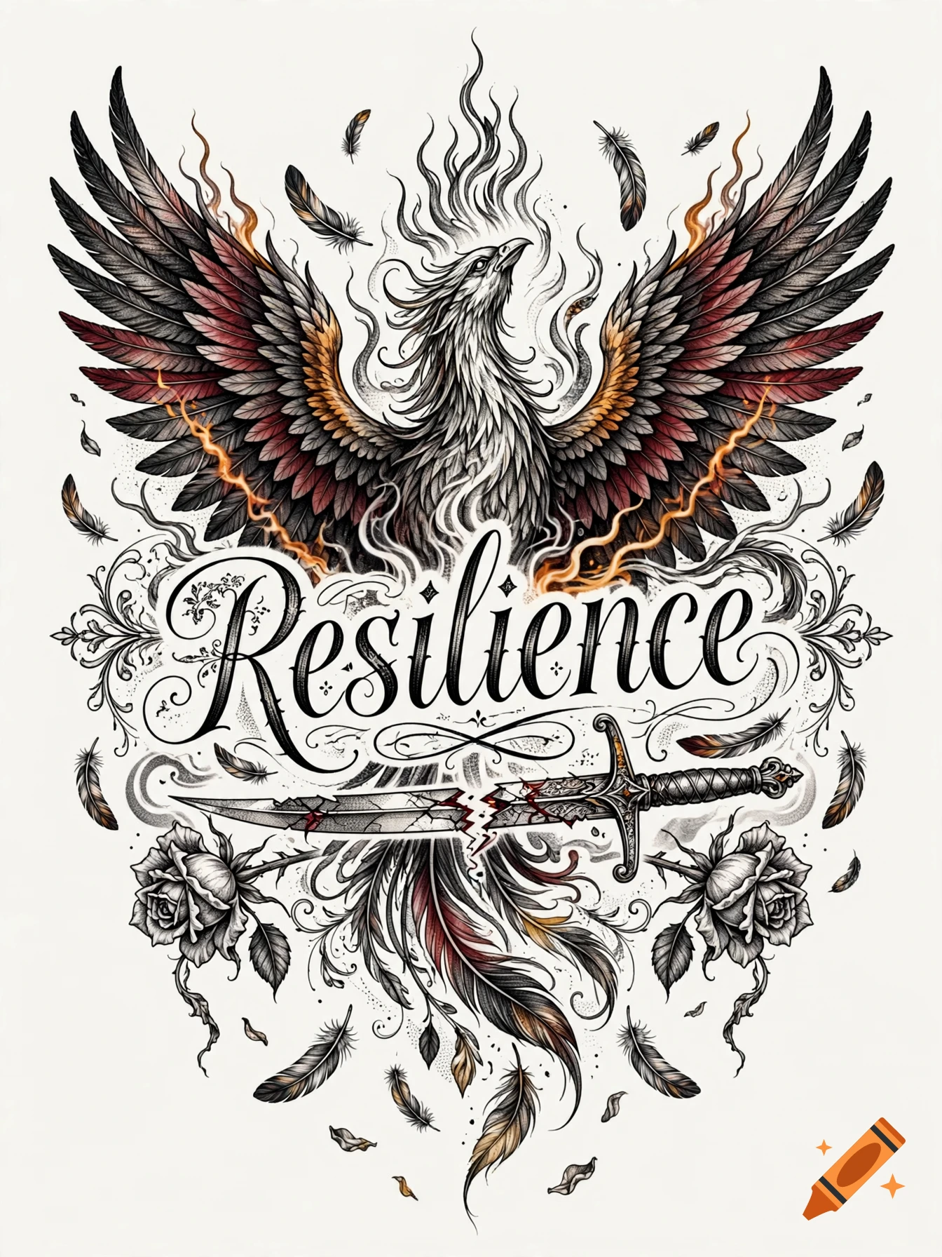 Tattoo design featuring a central phoenix with spread wings, the word Resilience, a broken sword, and roses in a black and grey style with red and yellow accents.