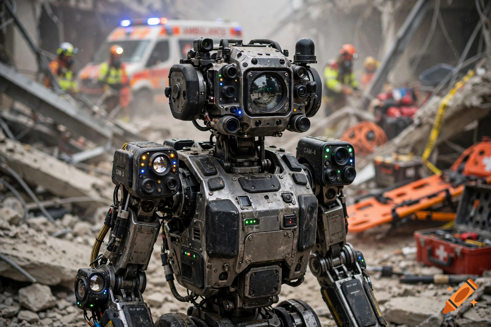 A detailed robotic search and rescue unit amidst earthquake rubble with emergency responders and an ambulance in the background.