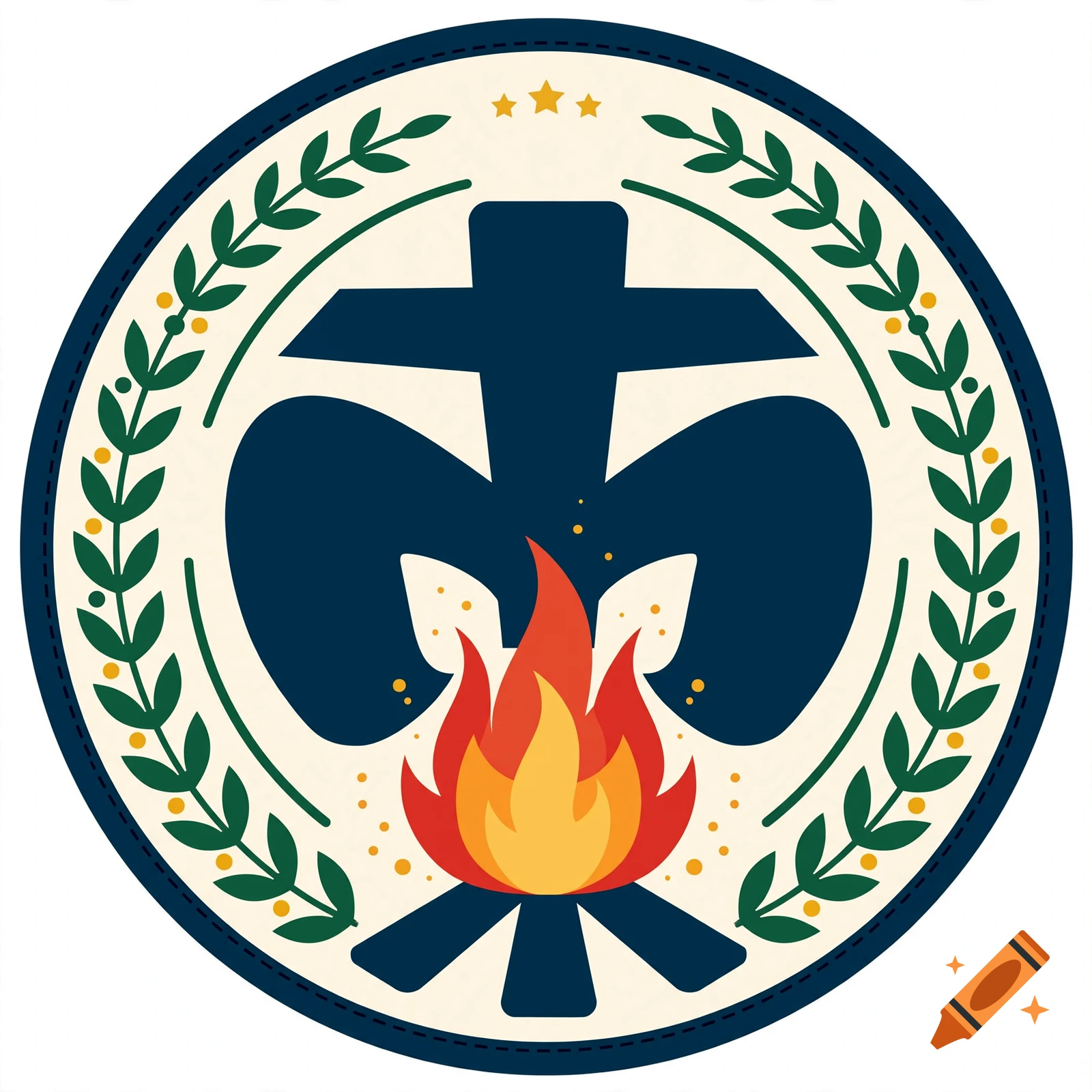 Round embroidered scout patch featuring a fleur-de-lis, campfire, and laurel wreath in blue, red, and green.