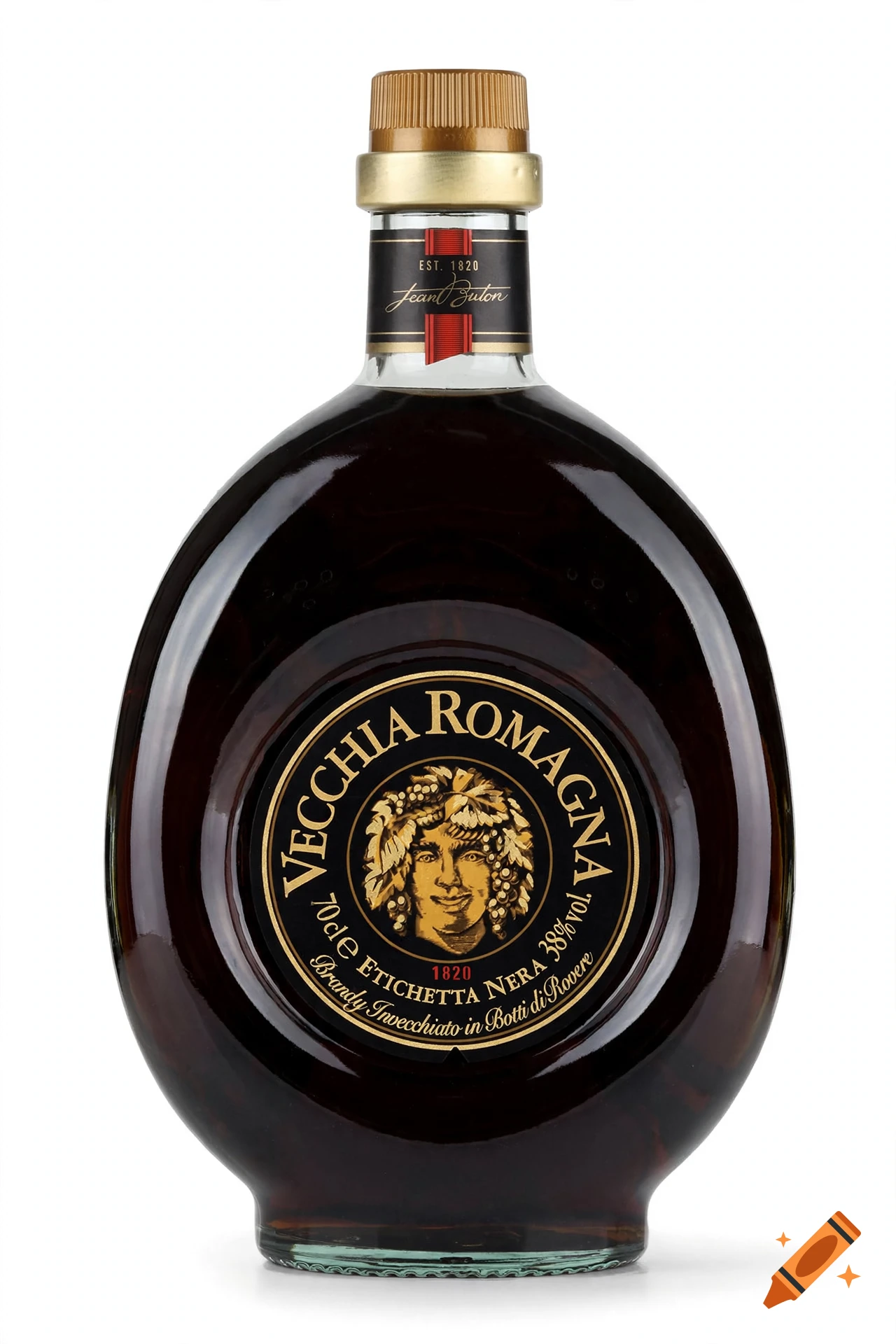 A round glass bottle of dark amber Vecchia Romagna brandy featuring a black and gold circular label with a face surrounded by grapes.