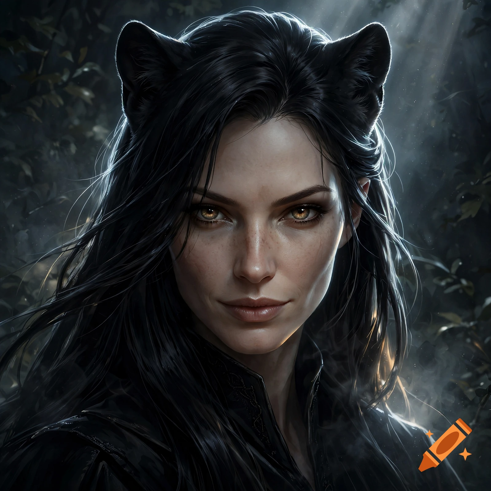 Photorealistic portrait of a woman with black hair, hazel eyes, and black panther ears in a forest.