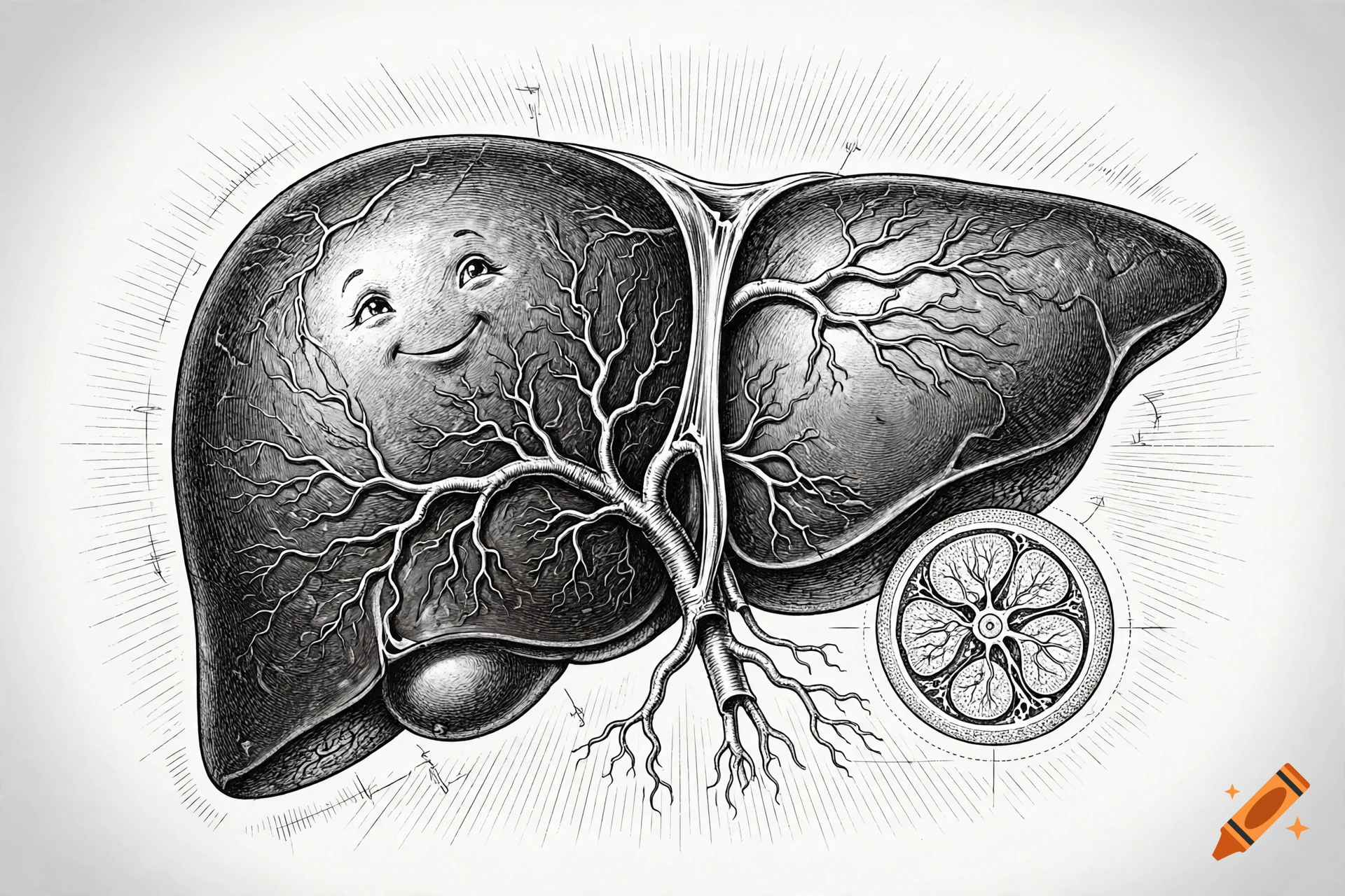 Black and white anatomical drawing of a smiling liver with blood vessels, in a vintage scientific illustration style.