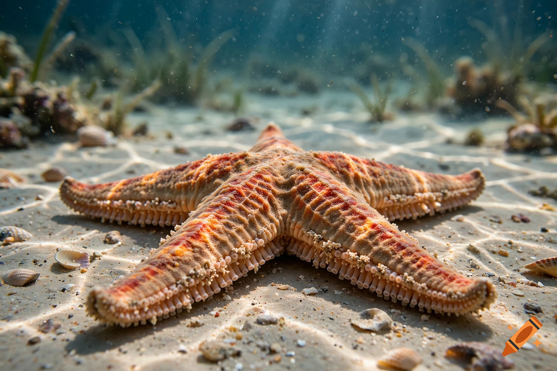 Photorealistic close-up of a starfish resting on a sandy seabed underwater with sun rays filtering through.